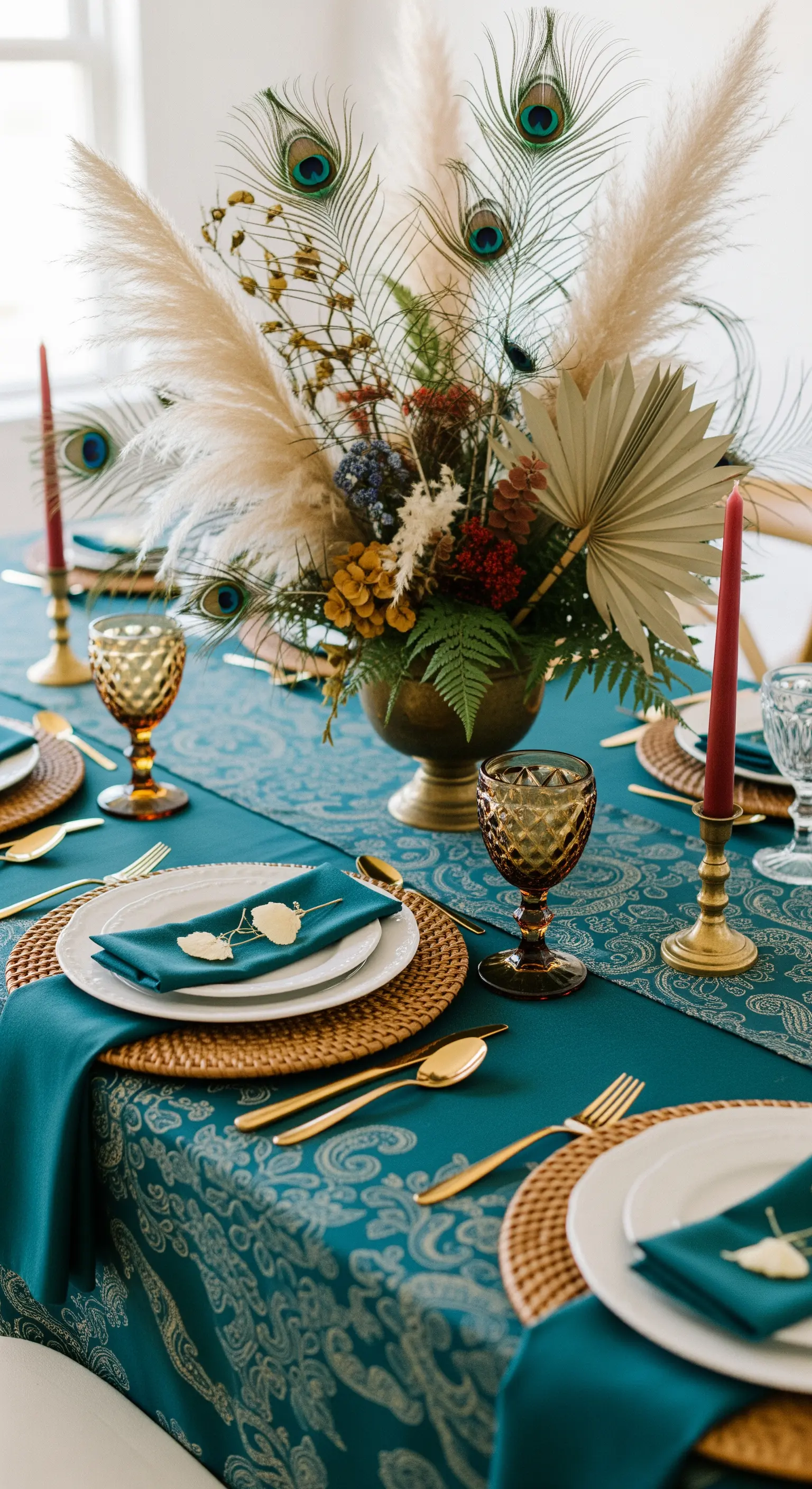 Tavola boho-chic con tovaglia ottanio, piume di pavone e sottopiatti in rattan.