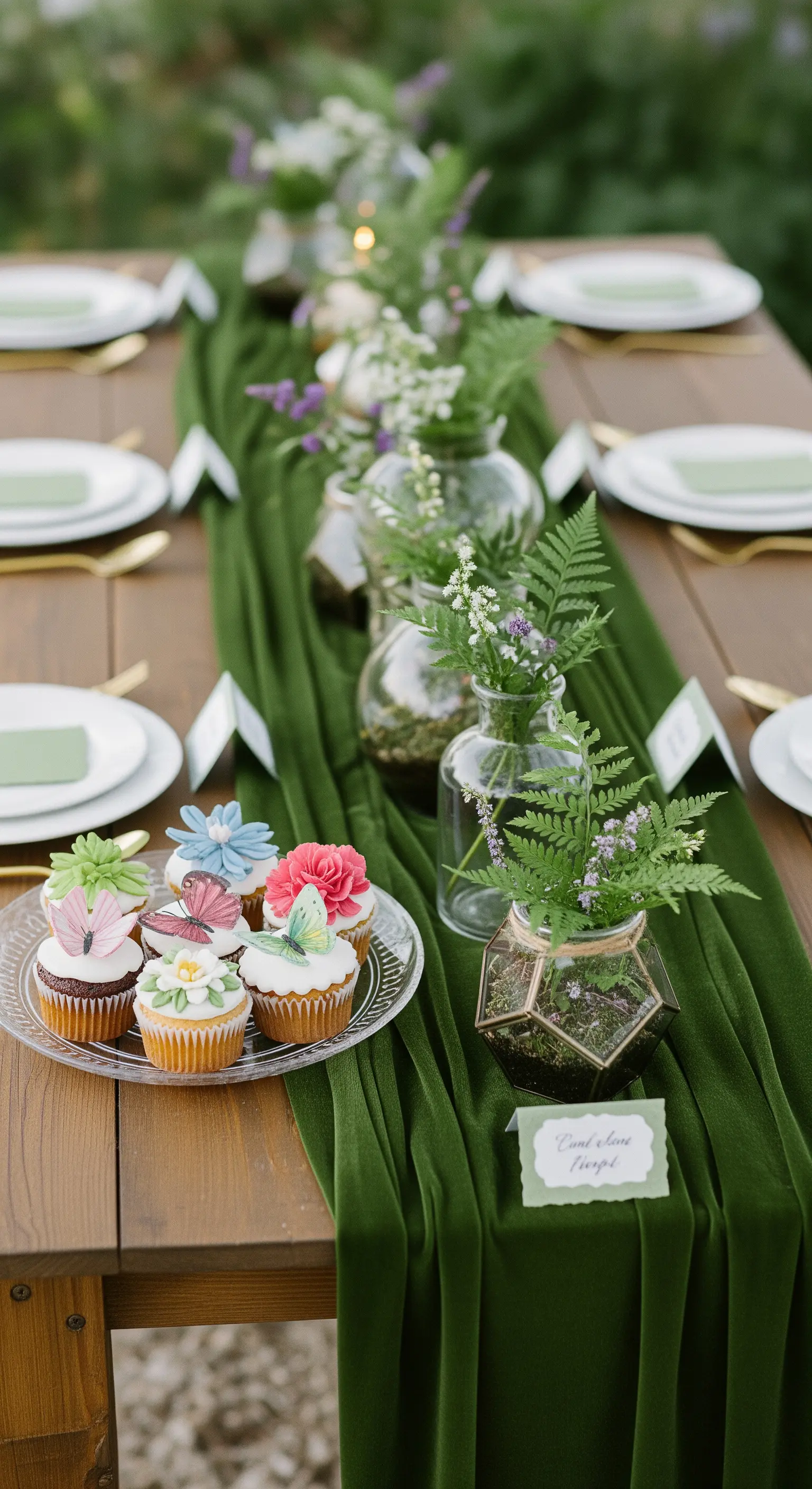 Tavola in legno con runner in velluto verde, piccoli terrari e cupcake a tema farfalla.