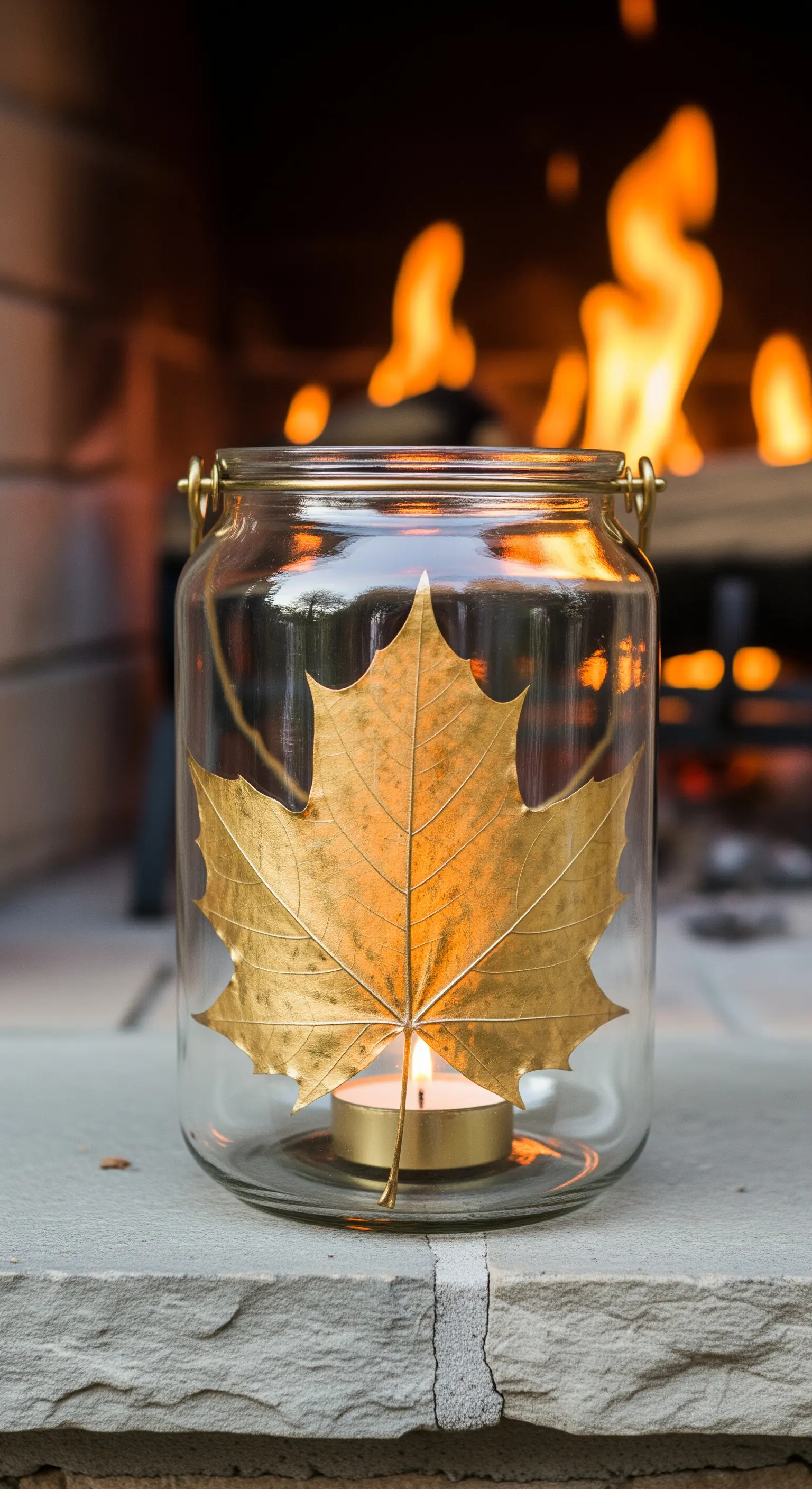 Barattolo di vetro con una grande foglia d'acero dorata all'interno, illuminata da una candela.