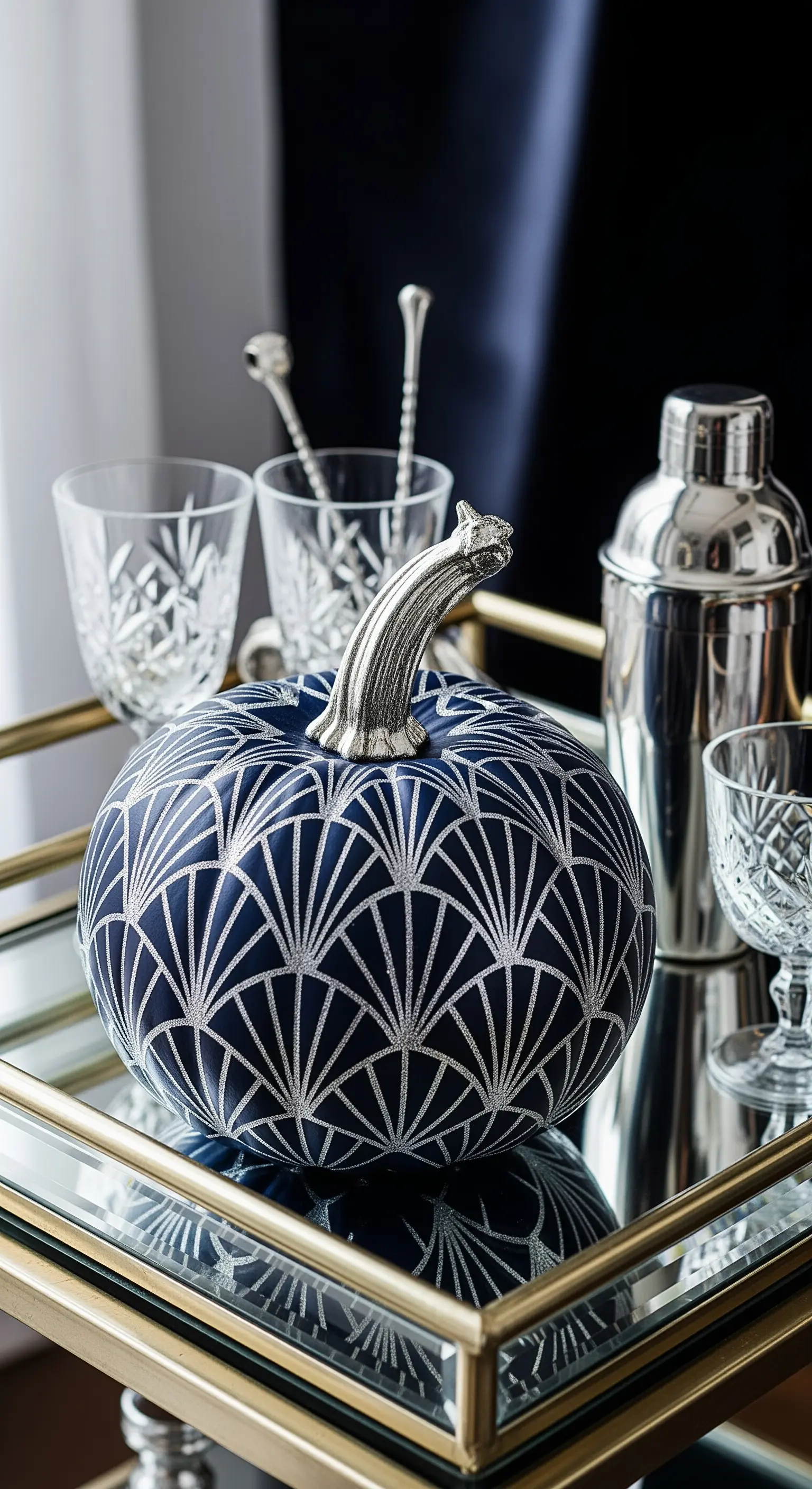 Zucca blu navy con motivo Art Déco argentato, posizionata su un carrello bar dorato con bicchieri.