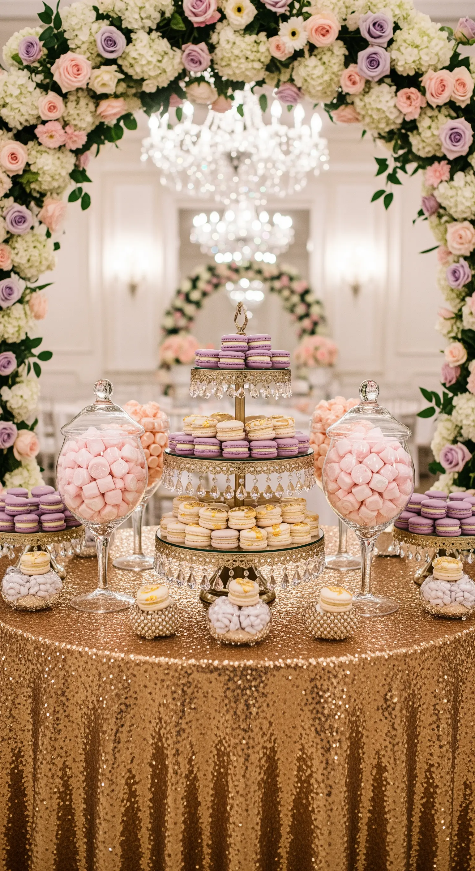 Allestimento lussuoso con tovaglia dorata, macarons viola e rosa su alzate di cristallo.