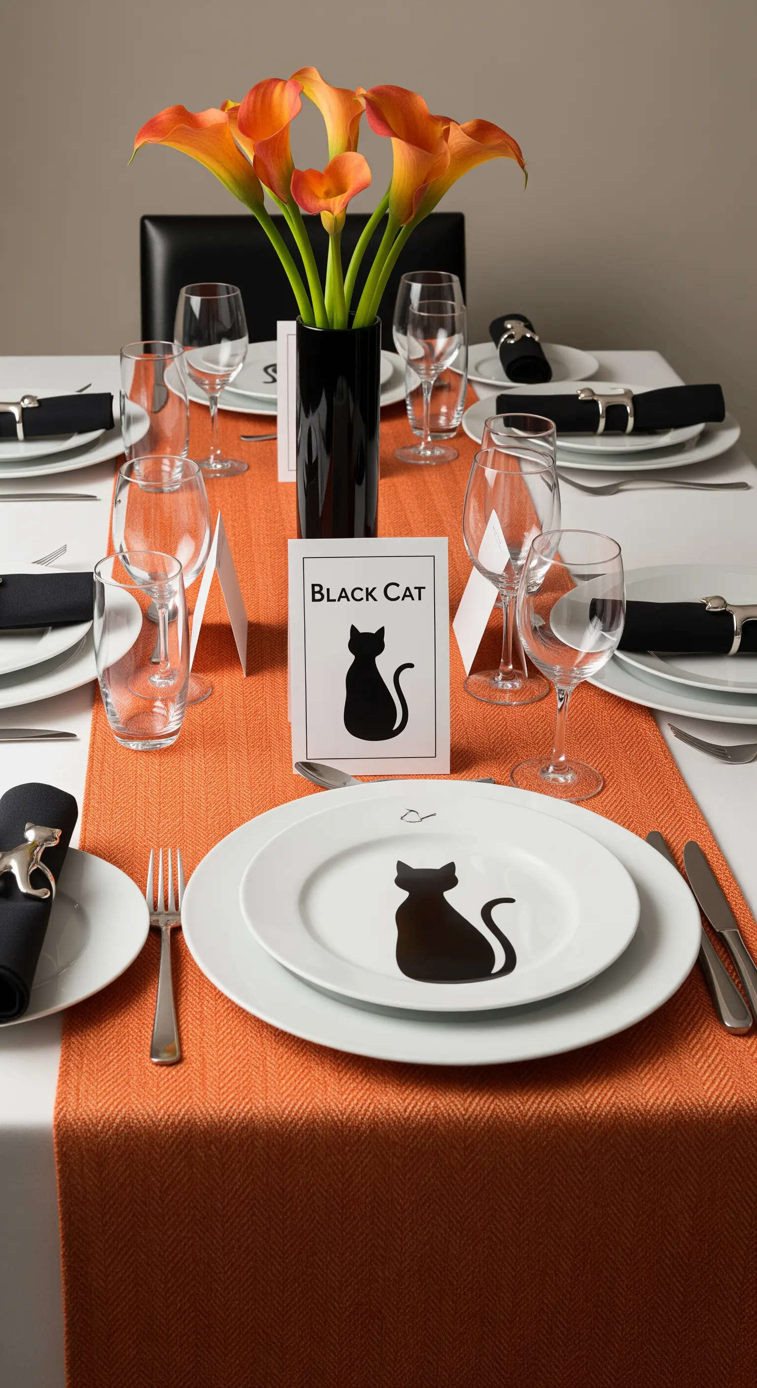 Tavola elegante con segnaposto e decorazioni a forma di gatto nero.