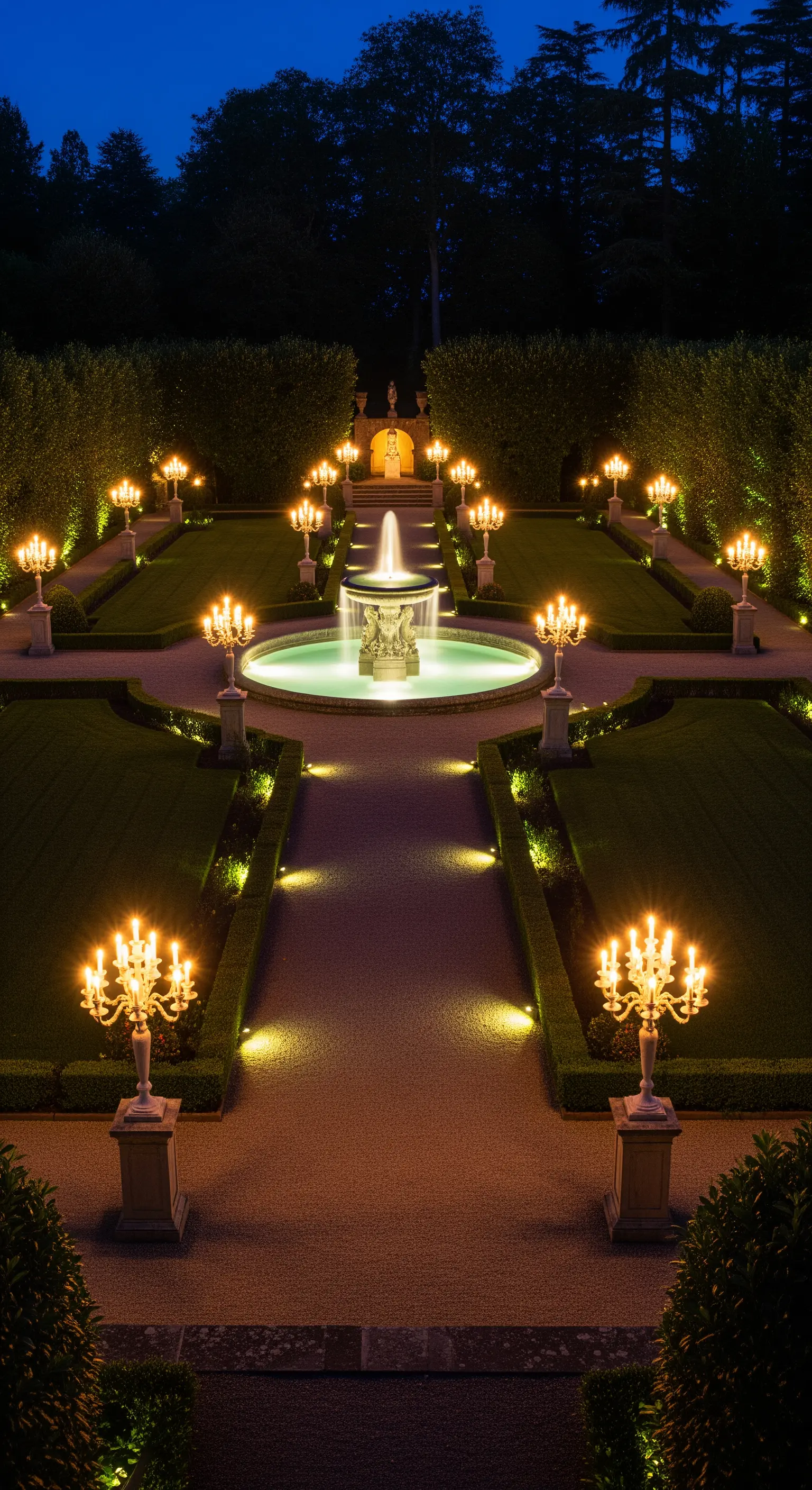 Giardino formale di notte con fontana centrale e grandi candelabri da esterno disposti simmetricamente.