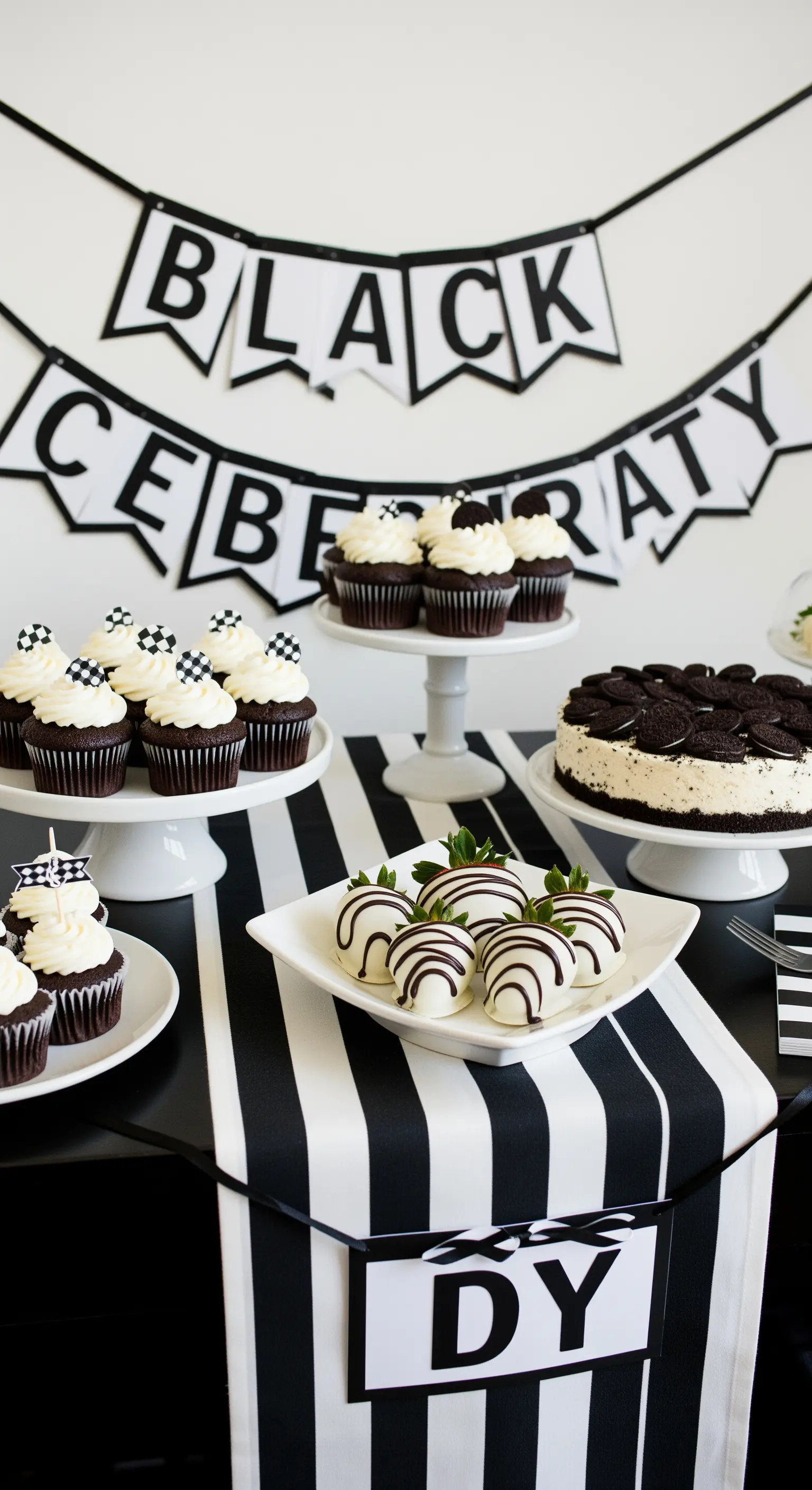 Buffet di compleanno in bianco e nero con runner a righe, cupcake e torta Oreo.