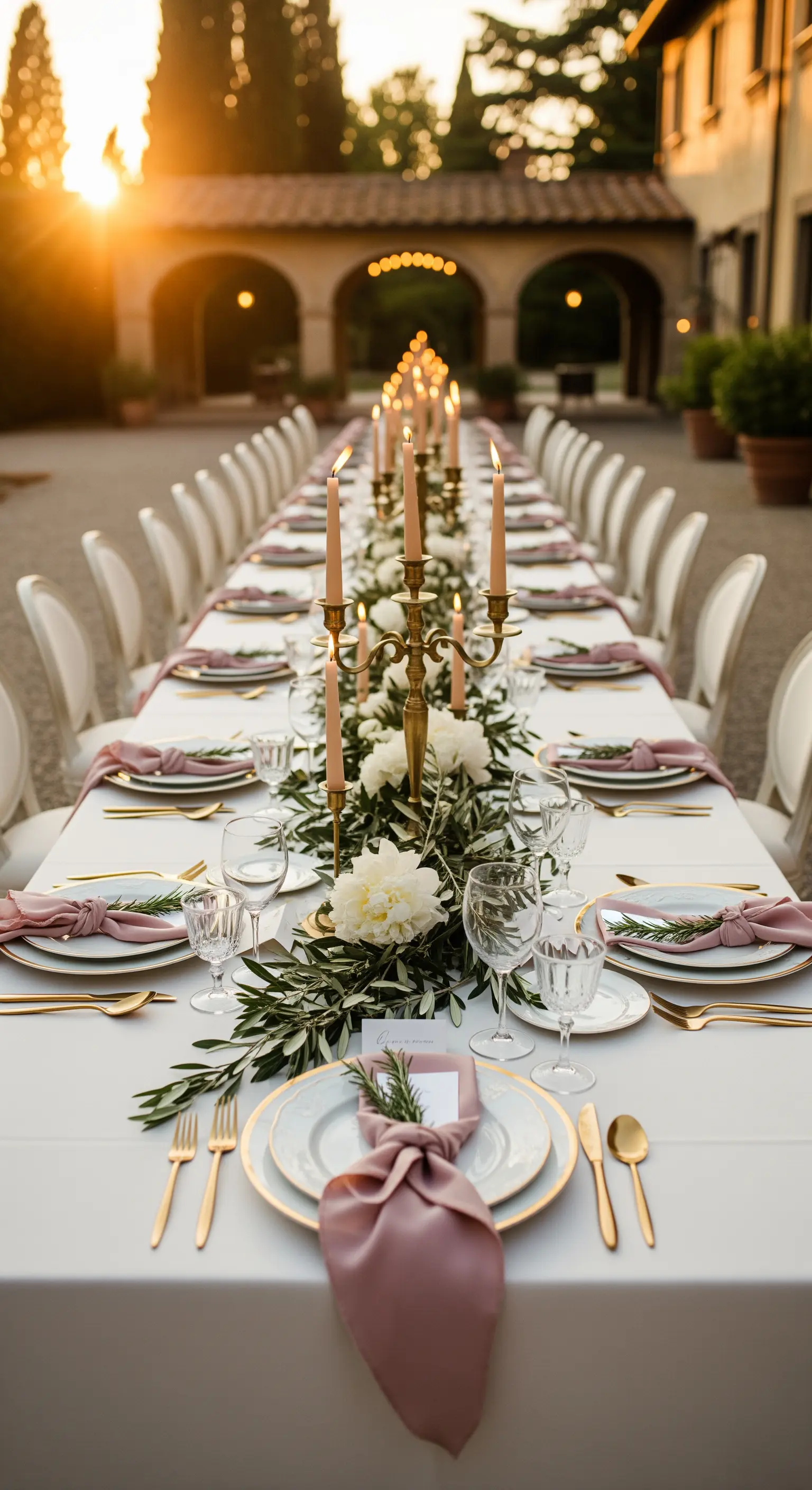 Lungo tavolo da matrimonio all'aperto al tramonto con candelabri dorati e runner di ulivo.