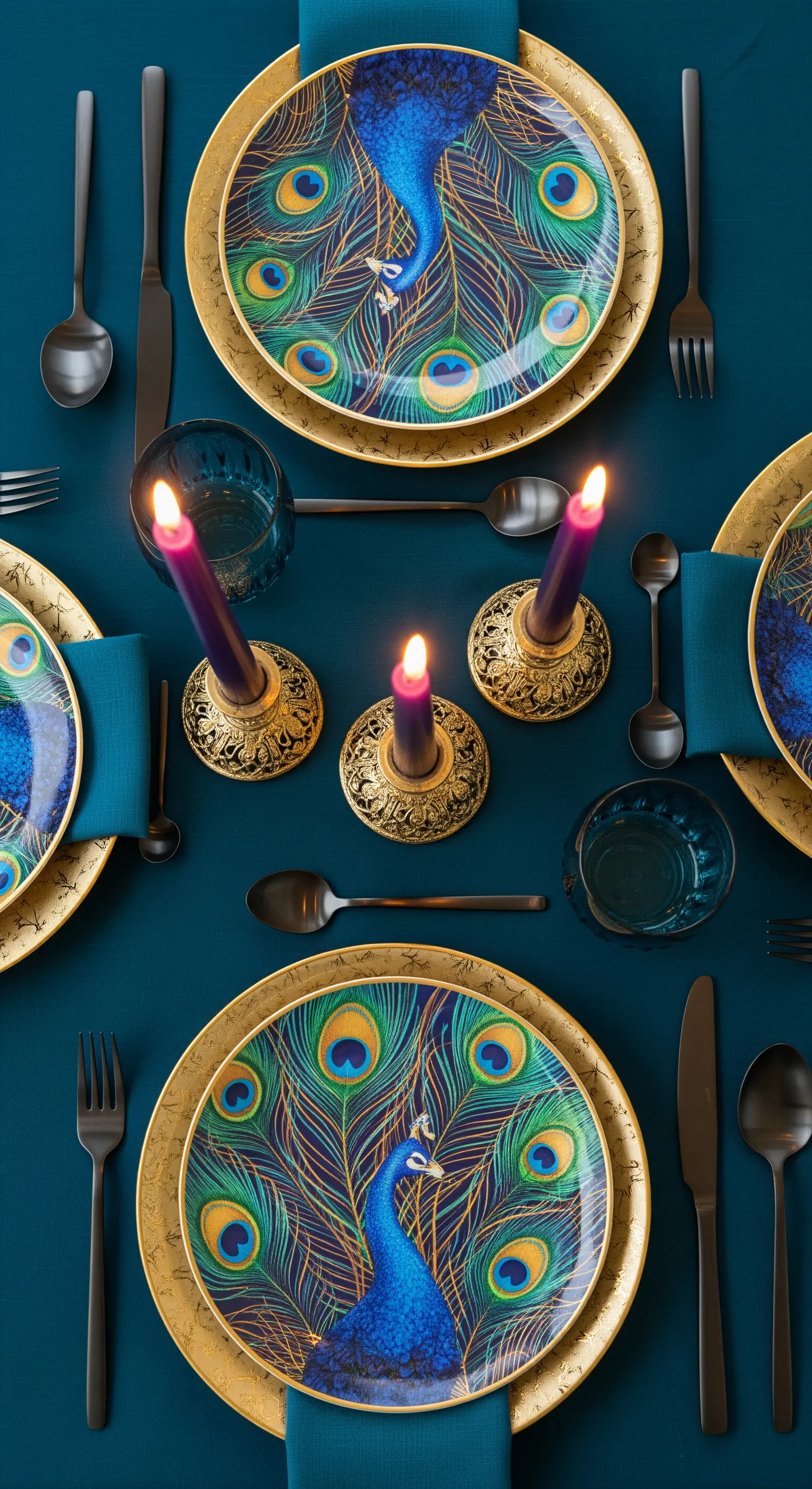 Tavola apparecchiata con piatti decorati con piume di pavone e tovaglia blu intenso.