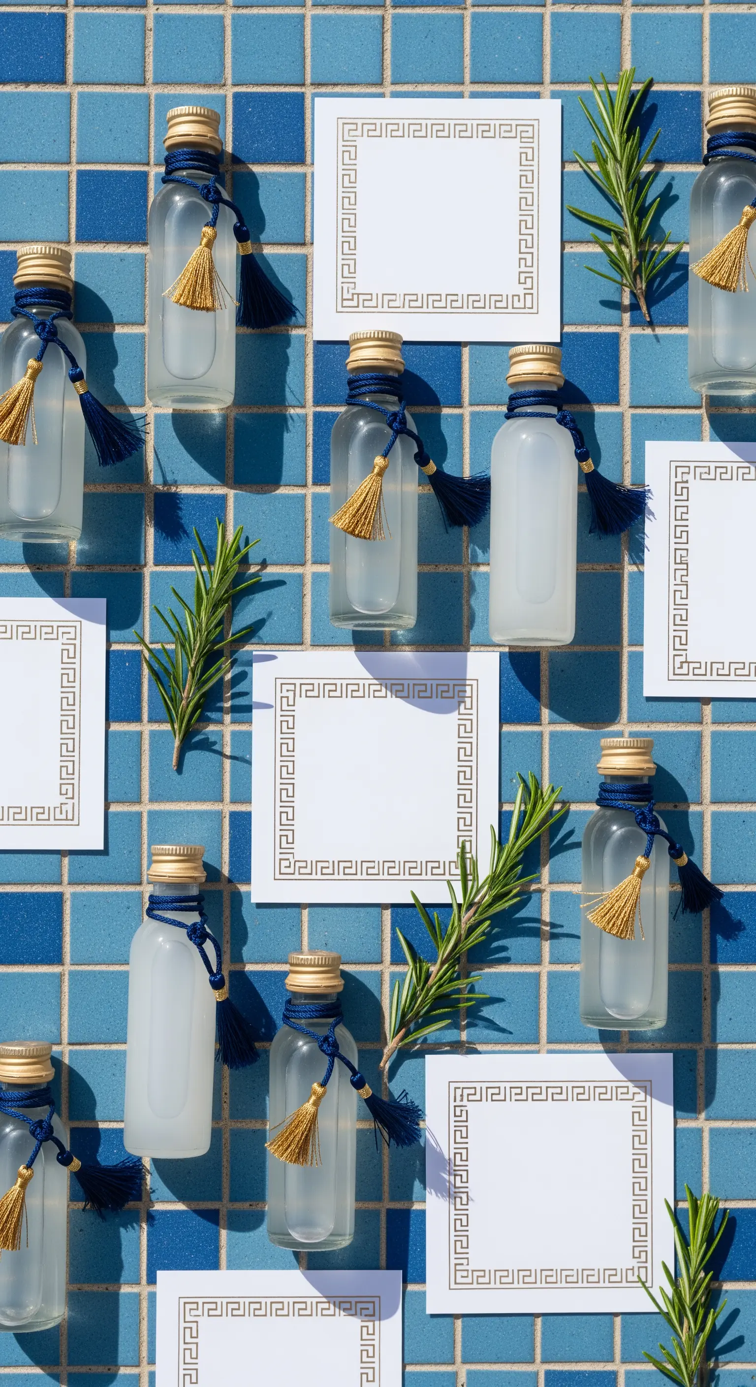 Bomboniere con liquore chiaro, piccole nappe blu e oro, e cartoncini con una greca decorativa.