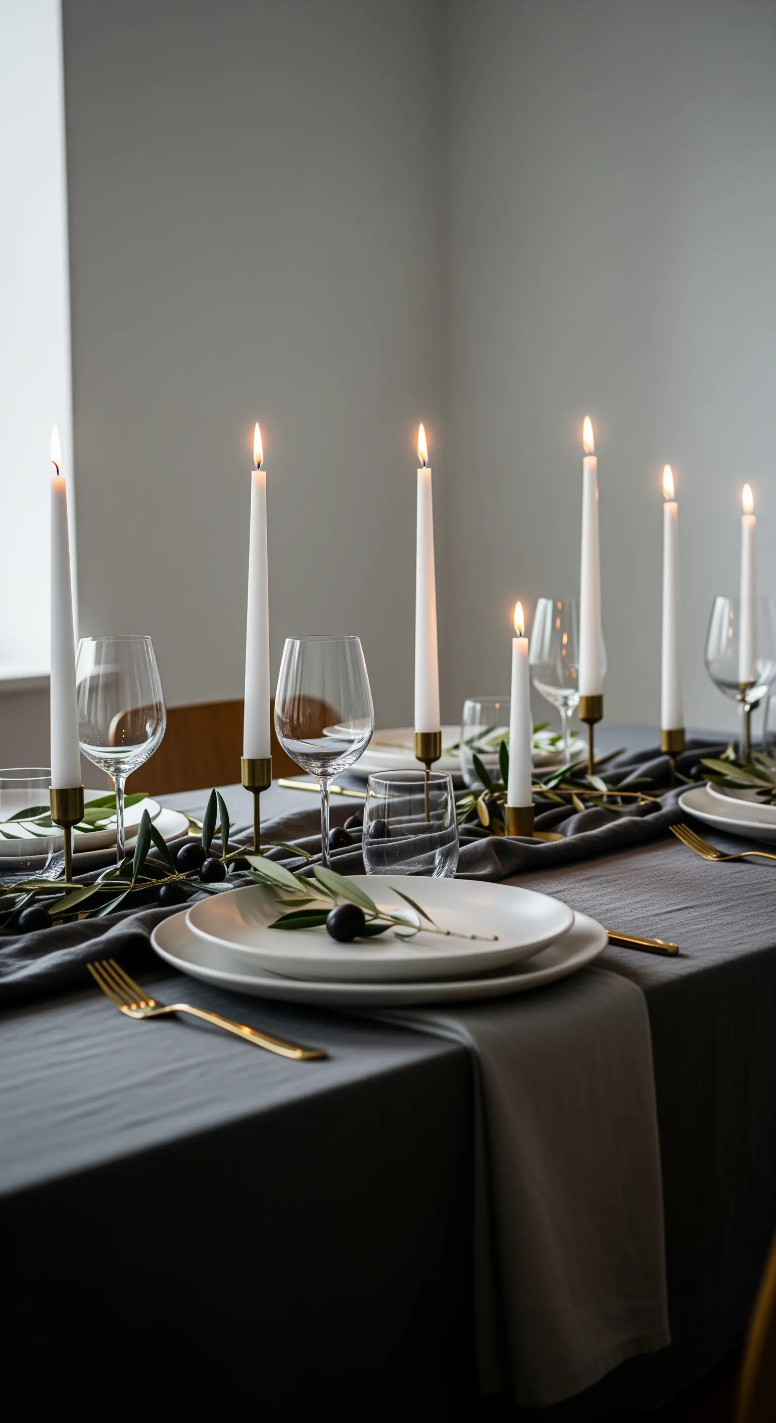 Tavola elegante con tovaglia scura, piatti bianchi, candele alte e rami d'ulivo
