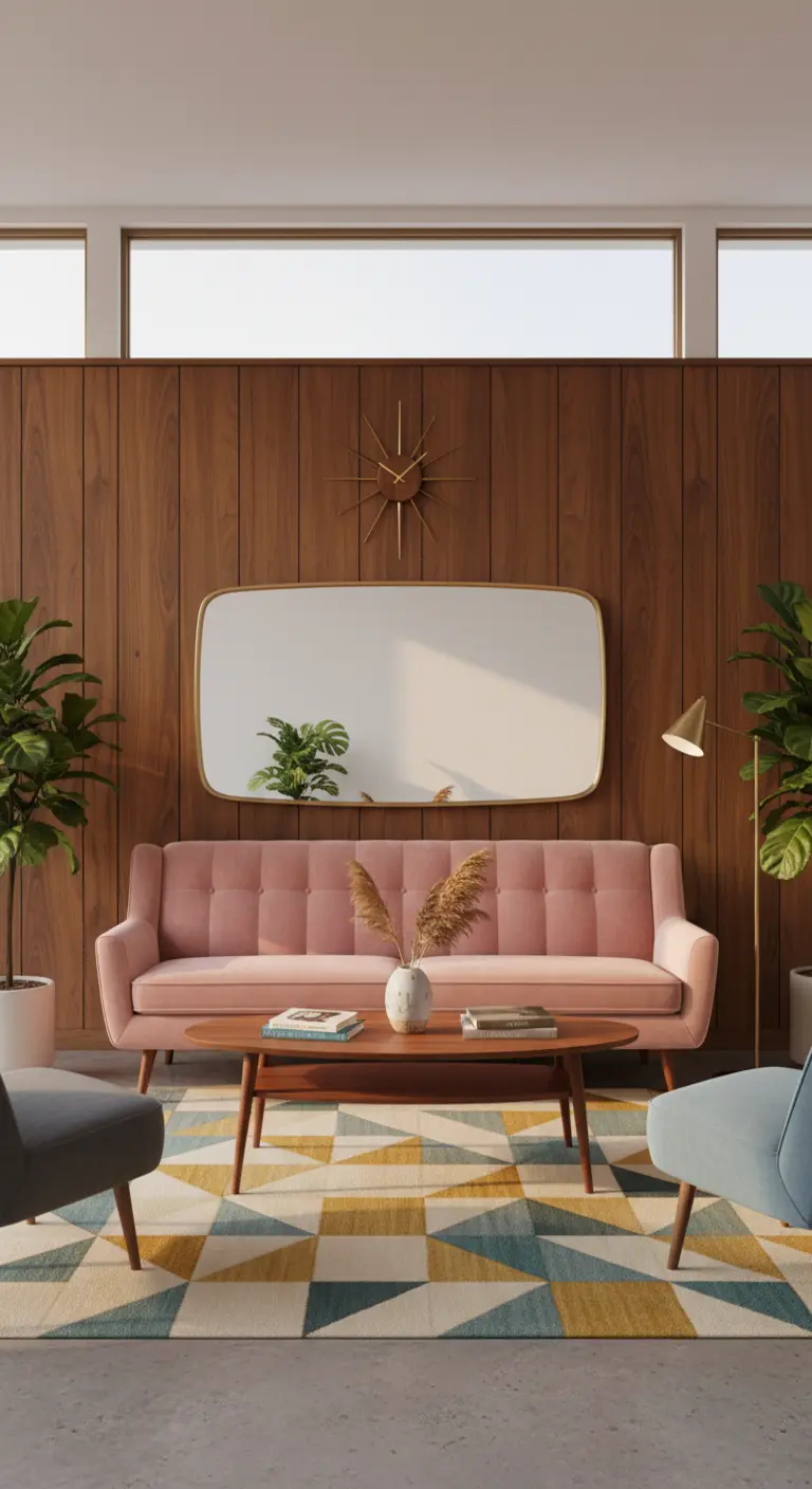 Specchio orizzontale con angoli arrotondati su una boiserie in legno, con divano rosa.