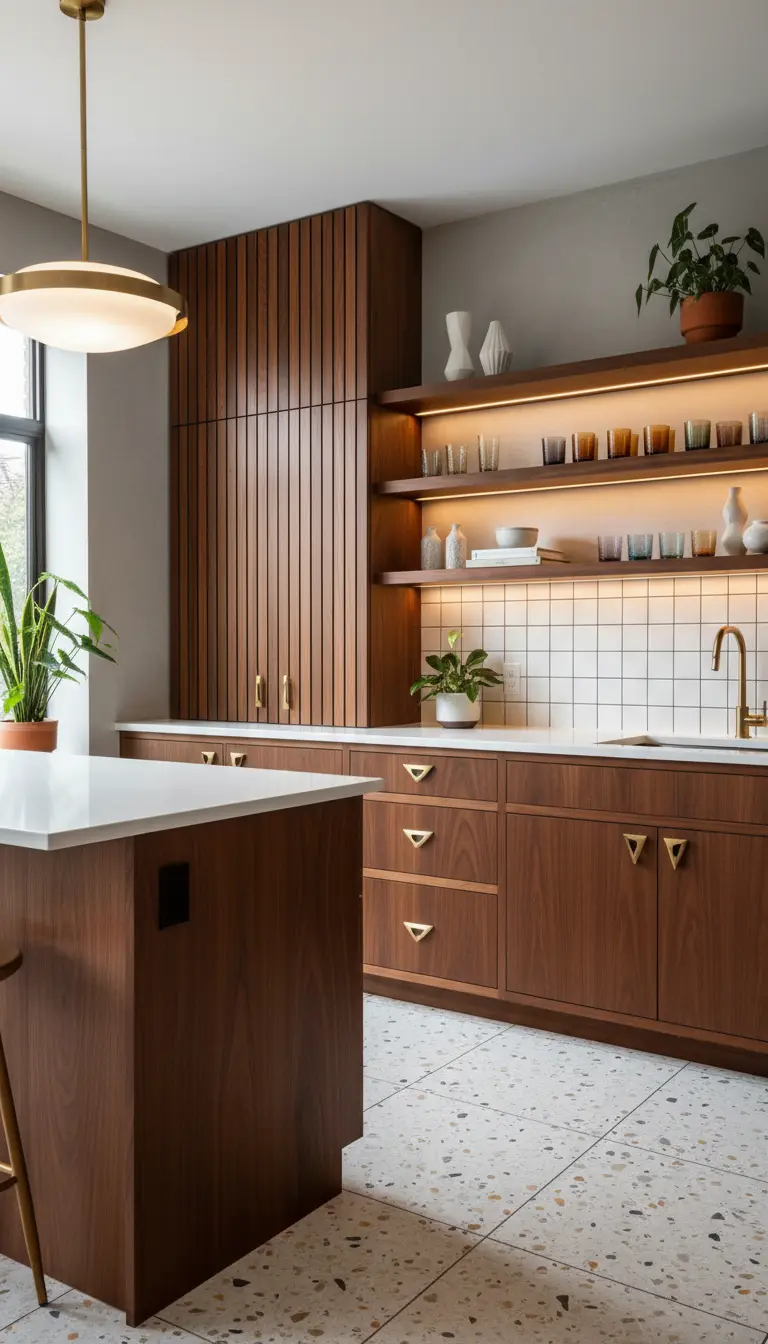 Cucina in legno di noce con mensole retroilluminate, piastrelle bianche e pavimento in terrazzo.