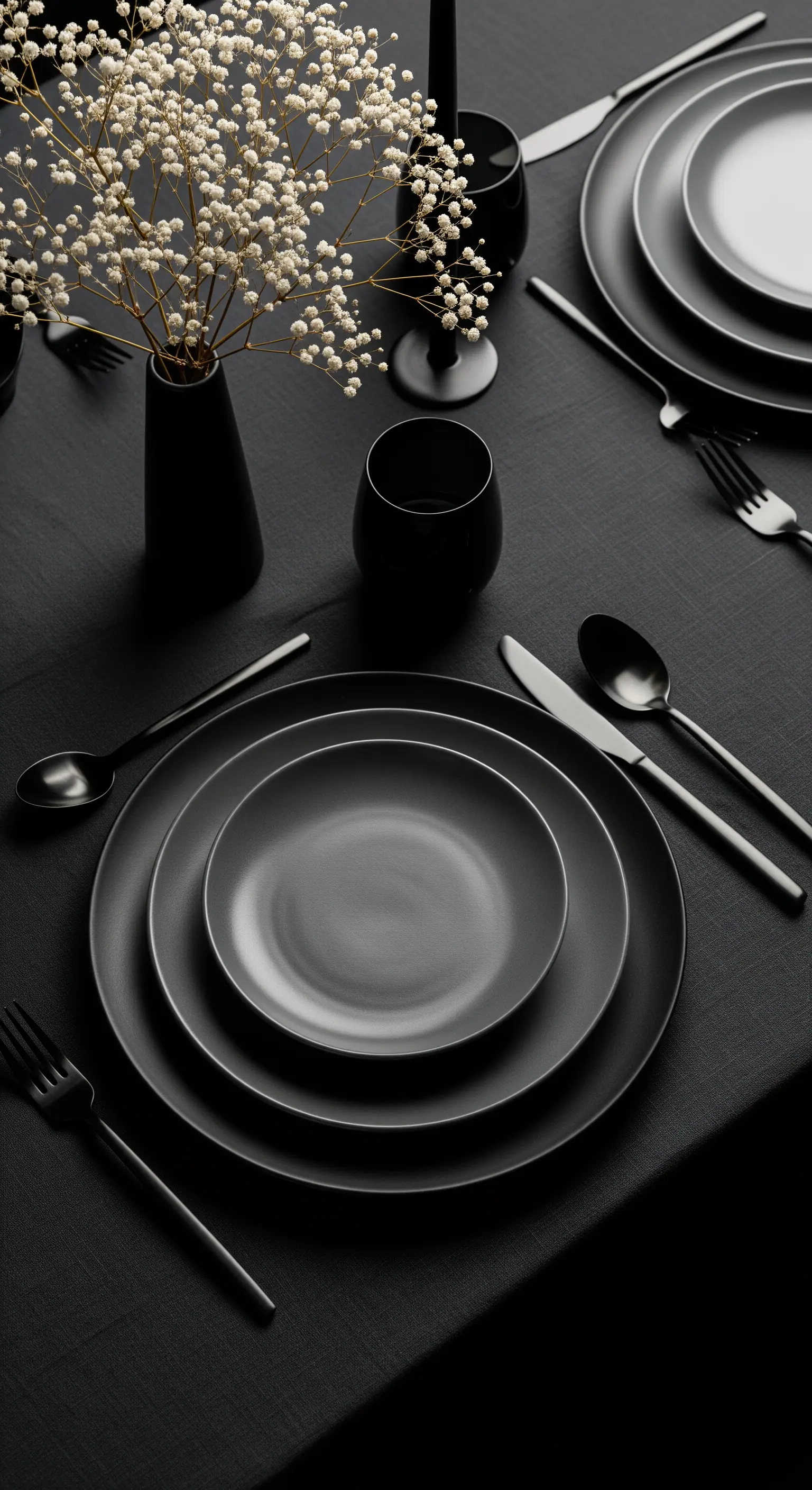 Tavola total black con piatti opachi, posate nere e un vaso con gypsophila