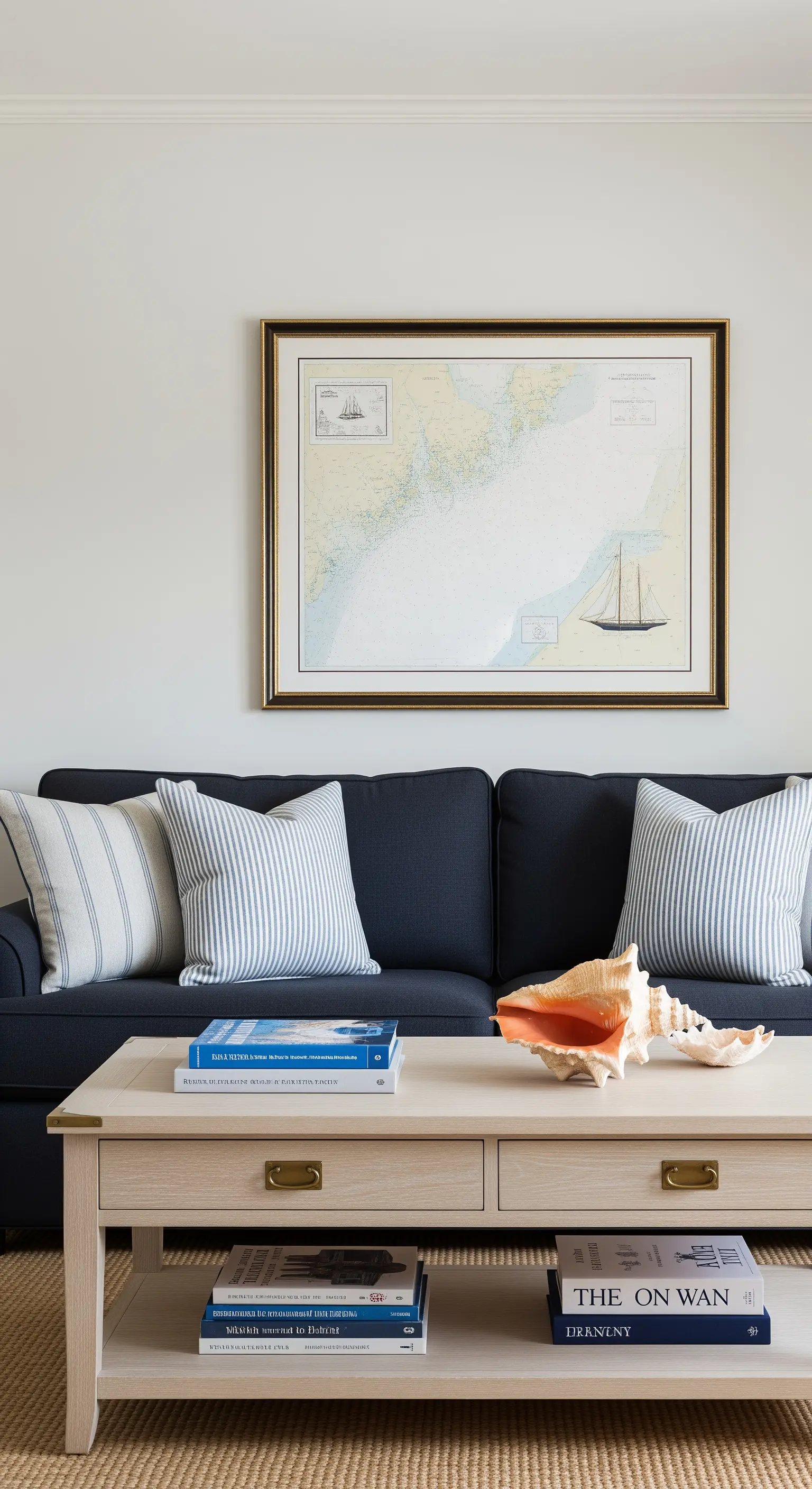Divano blu navy con una mappa nautica incorniciata appesa alla parete.