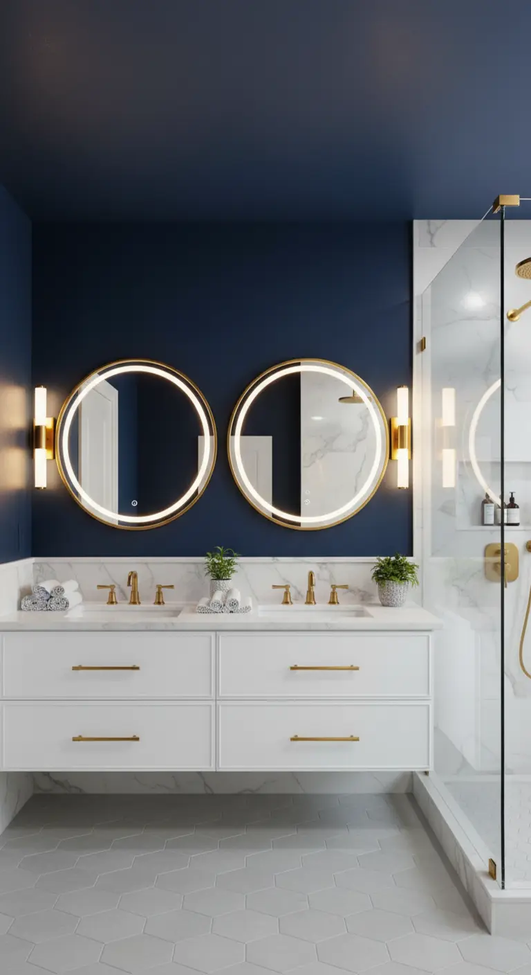 Bagno con pareti blu navy, doppio lavabo bianco, specchi rotondi retroilluminati e finiture dorate.