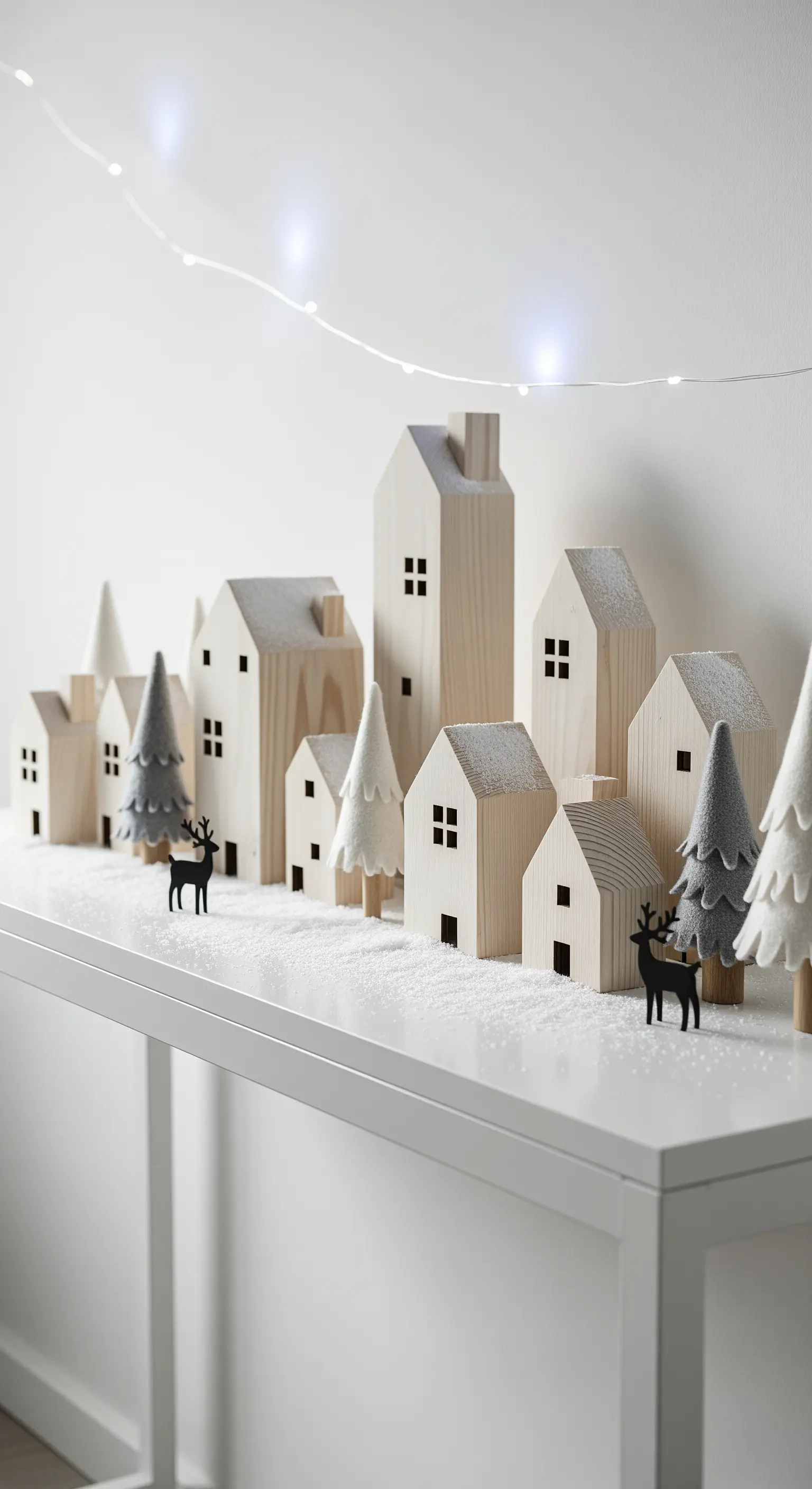Villaggio natalizio in stile scandinavo con casette in legno chiaro e alberi in feltro.