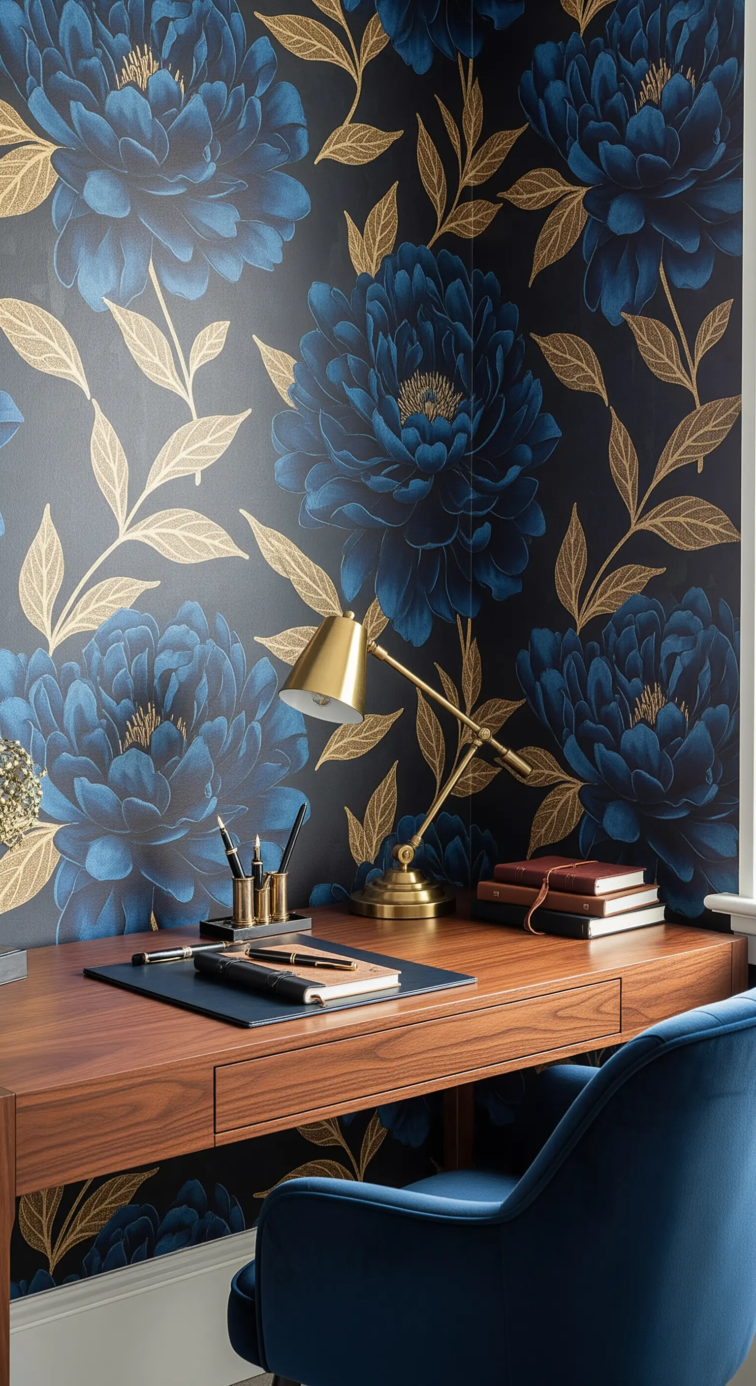 Angolo studio con carta da parati blu e oro, scrivania in legno e sedia in velluto blu.