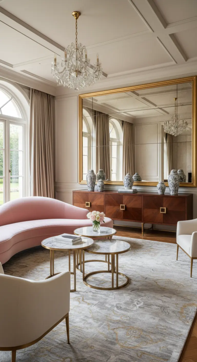 Grande specchio rettangolare dorato sopra una credenza in legno, con divano rosa curvo.