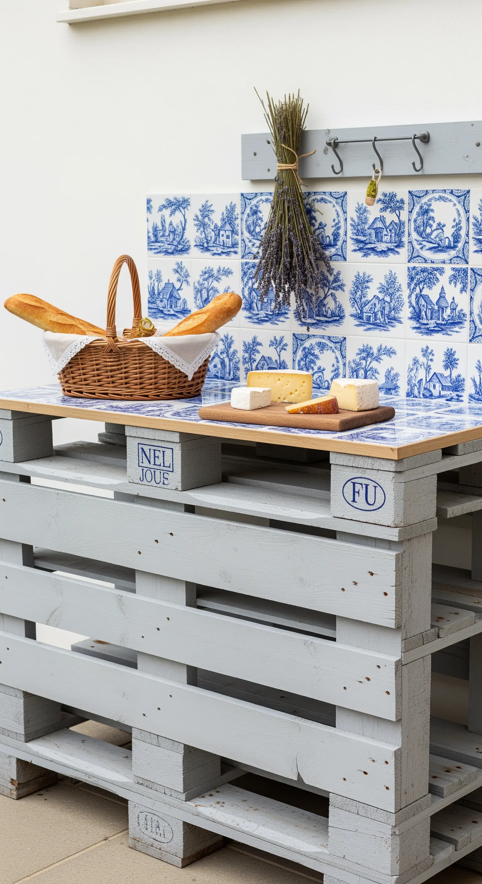 Banco da lavoro in pallet grigio perla con piano e paraschizzi rivestiti di piastrelle blu e bianche.