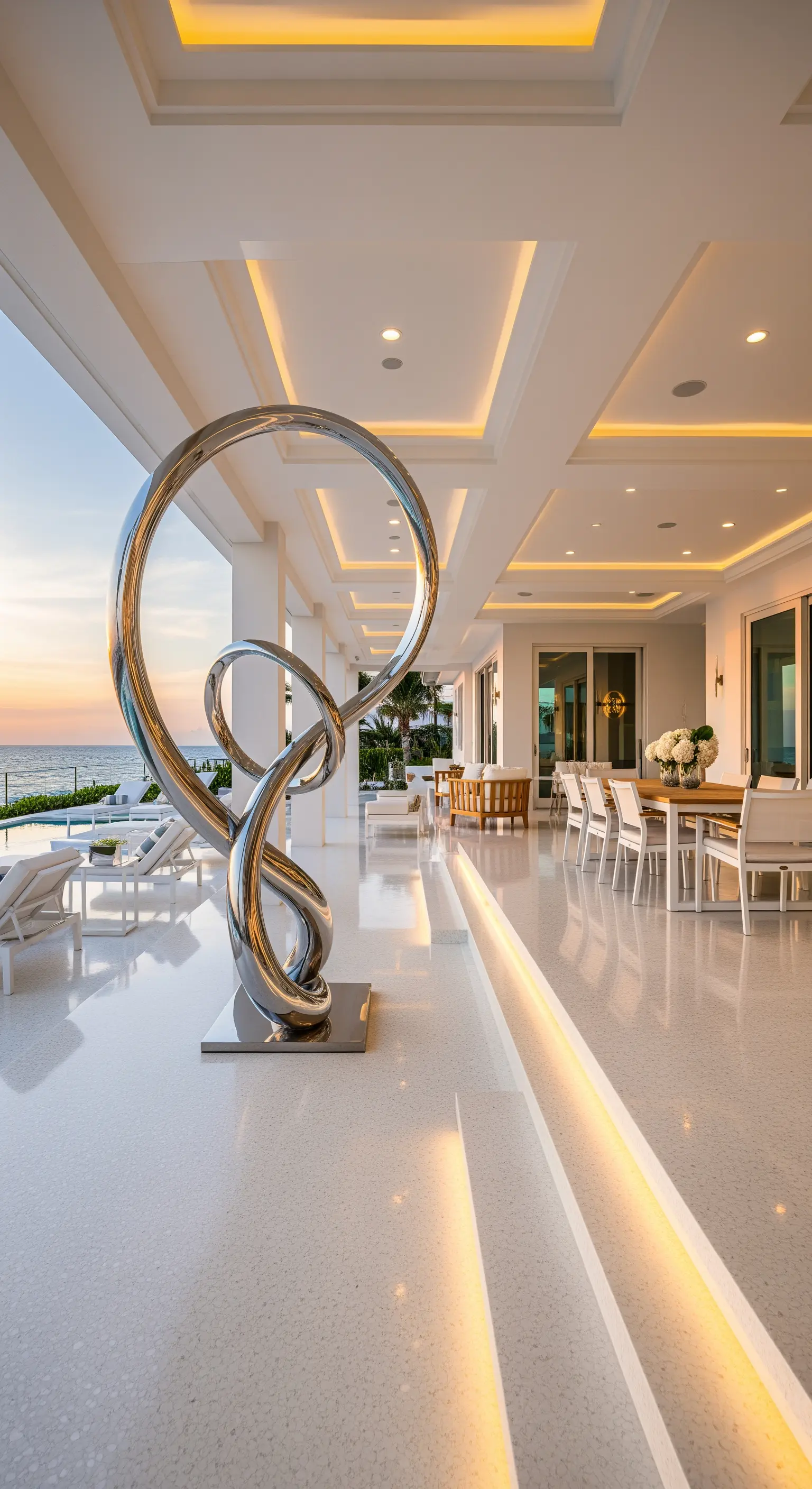 Portico di lusso a bordo piscina con pavimento bianco, scultura cromata e illuminazione a soffitto.