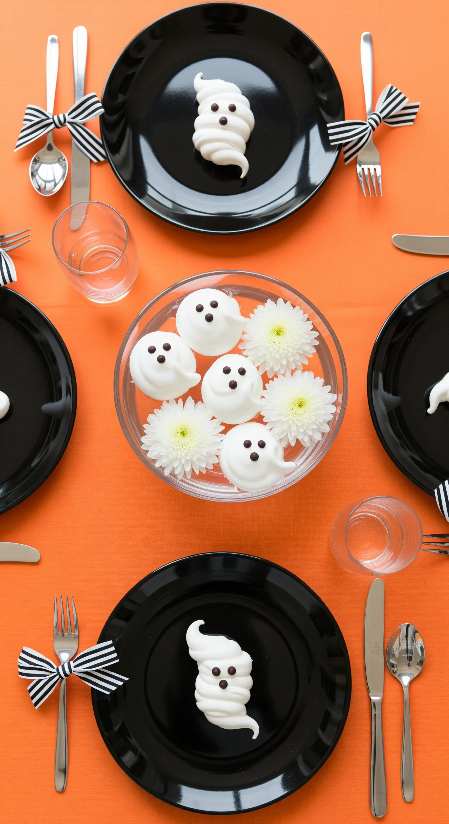 Tavola di Halloween con tovaglia arancione, piatti neri e meringhe a forma di fantasma.