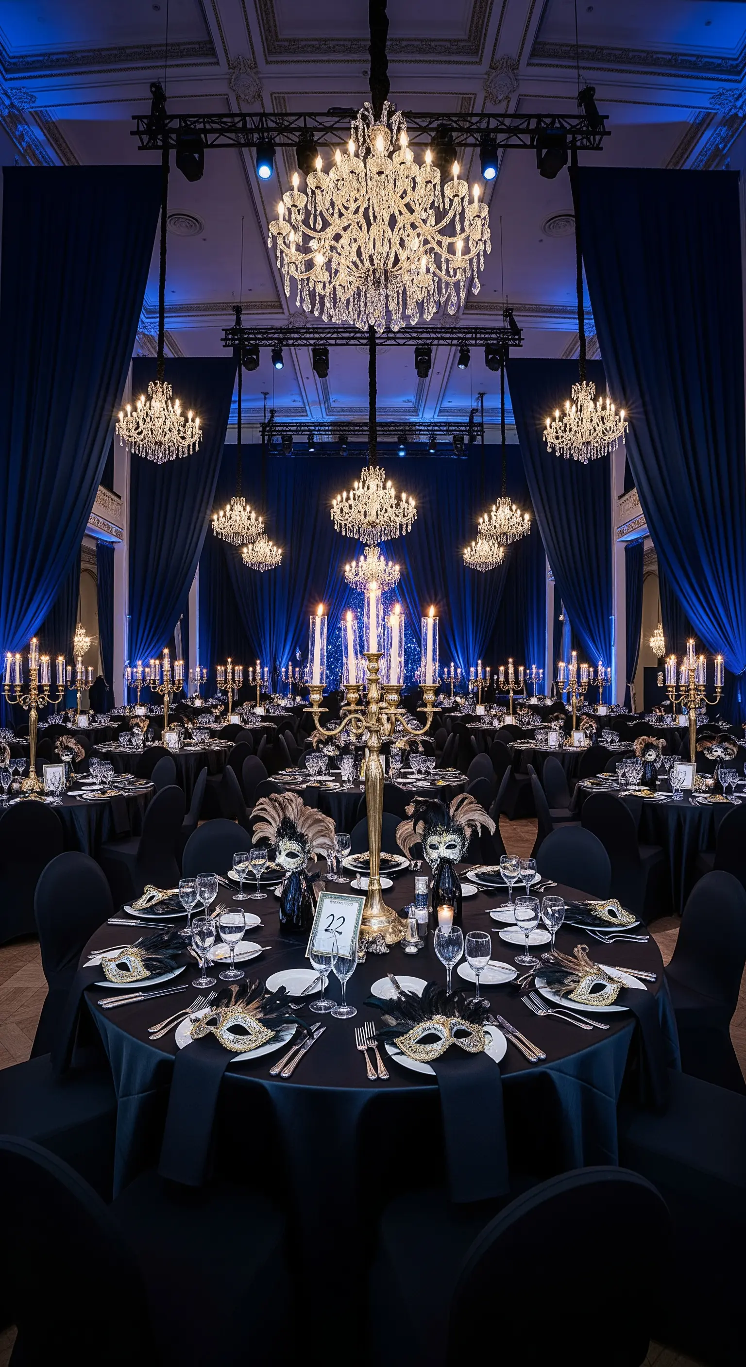 Elegante sala da ballo allestita per una festa in maschera con tavoli neri e lampadari di cristallo.