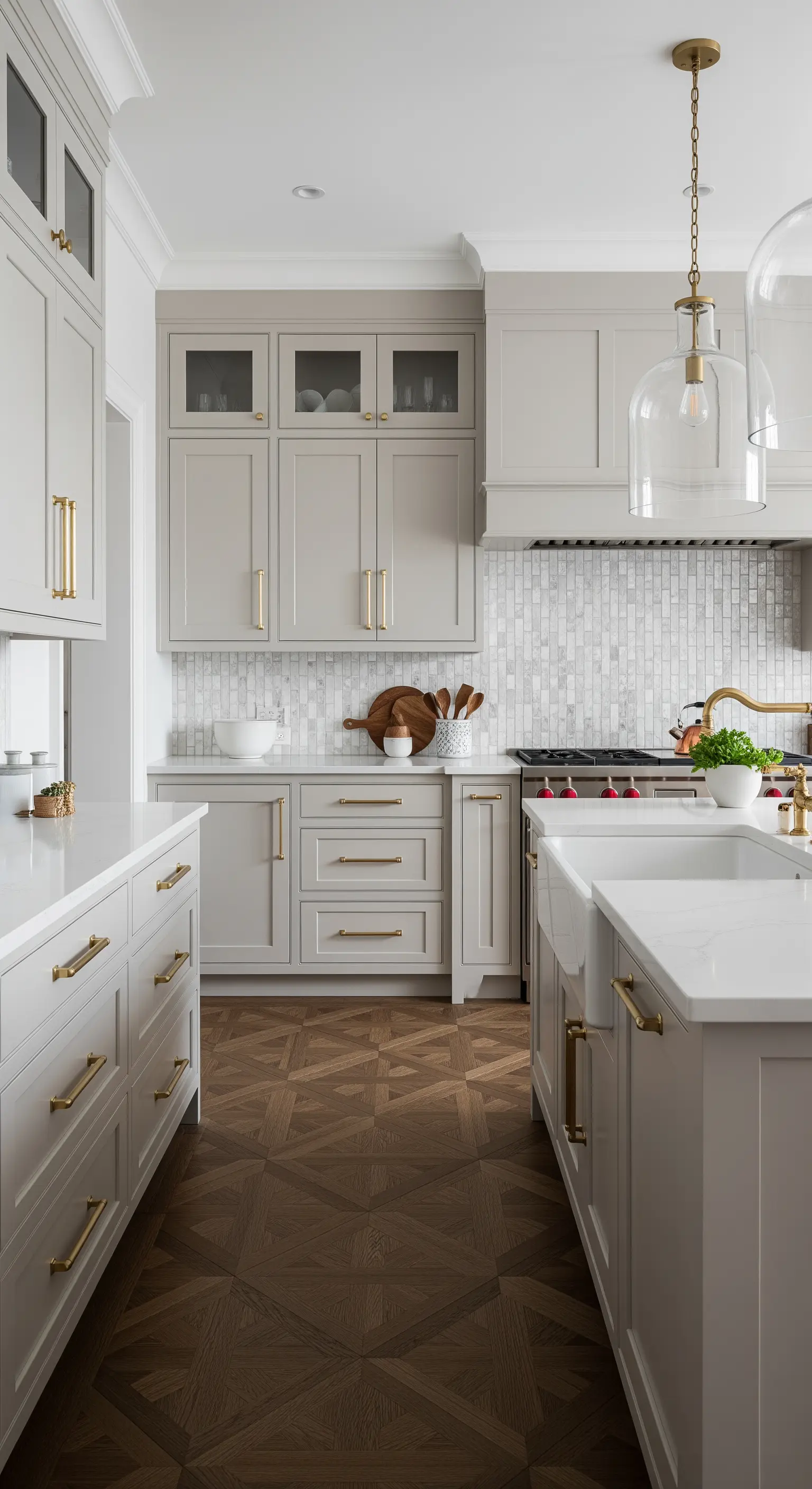Cucina in stile transizionale con mobili color greige, maniglie dorate e top in quarzo bianco.