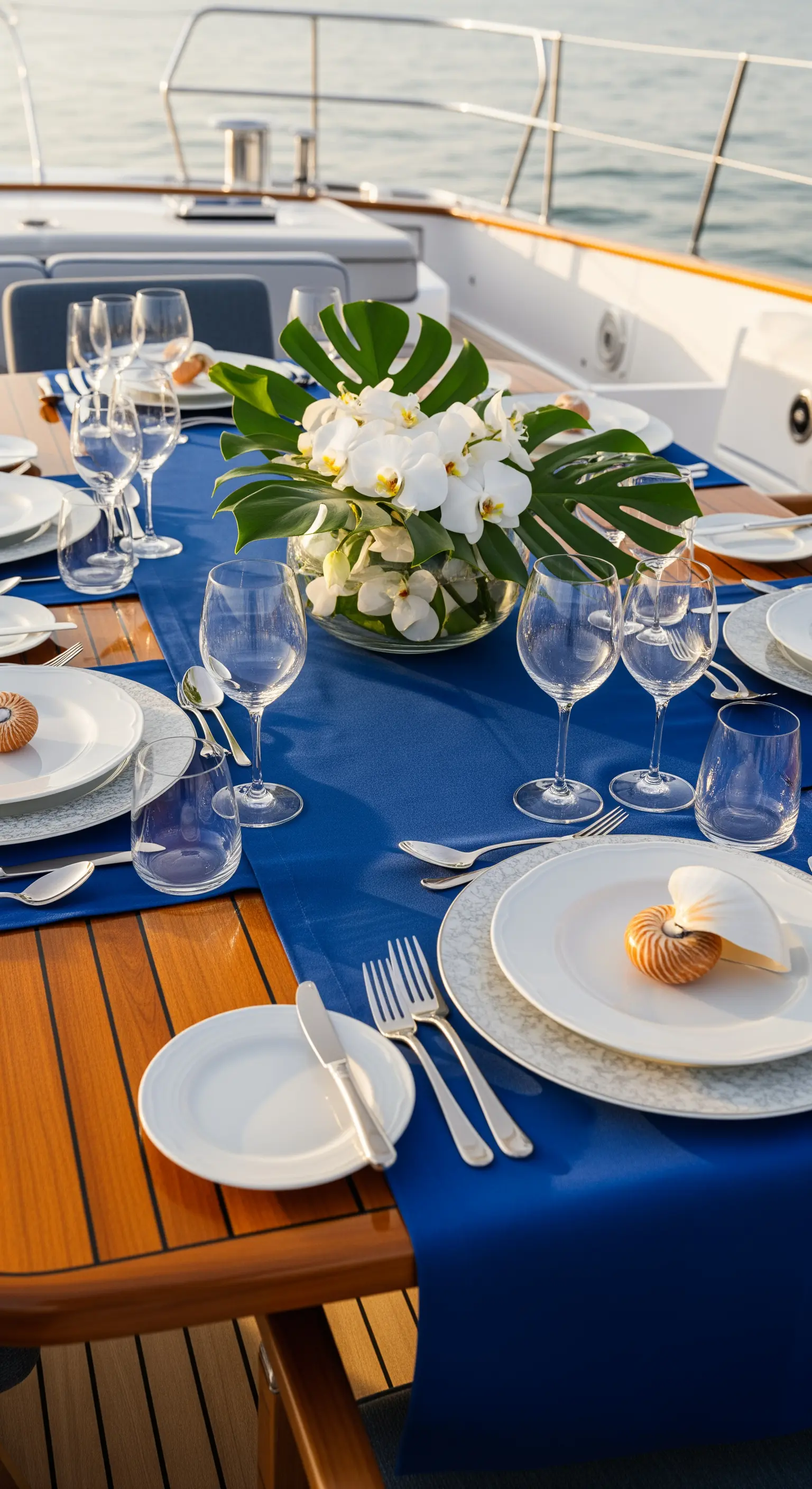 Tavola elegante su una barca con runner blu e centrotavola di orchidee e foglie di monstera.