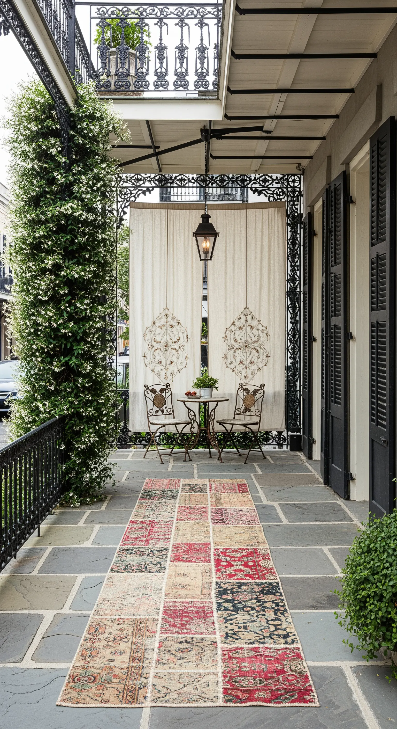 Portico cittadino con pavimento in ardesia, runner patchwork e tende in lino ricamato.