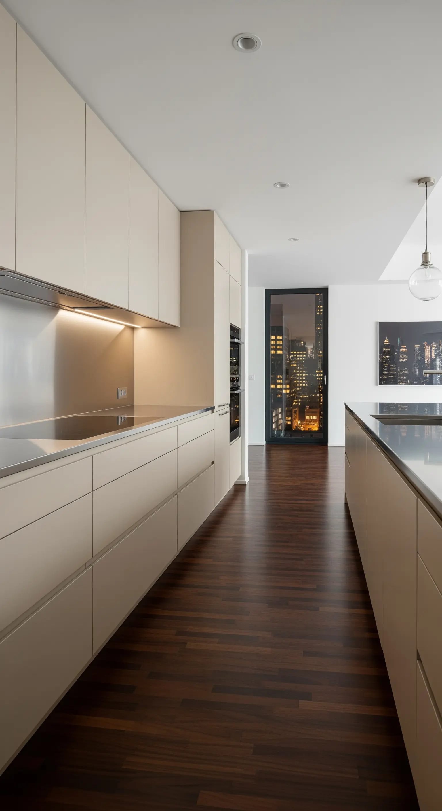 Cucina minimalista color beige con parquet scuro in un appartamento con vista sulla città.