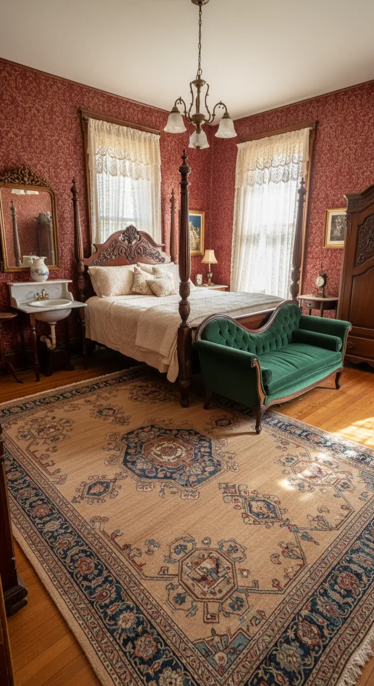 Camera da letto vittoriana con carta da parati rossa, letto a baldacchino e divanetto verde.