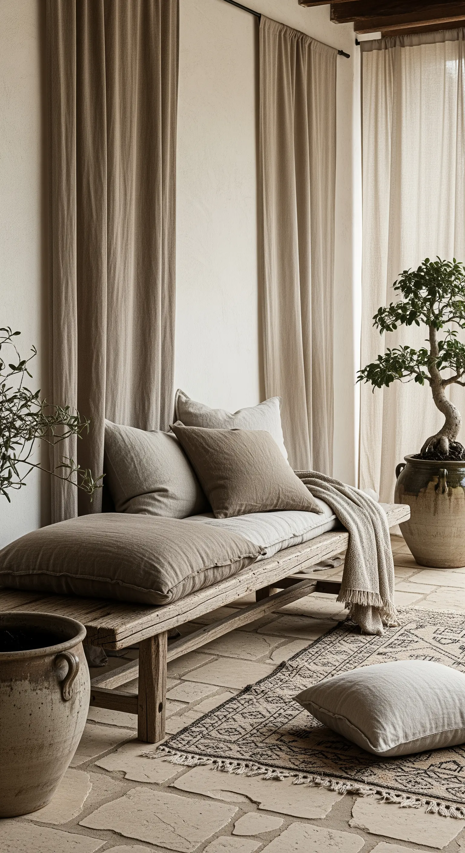 Spazio esterno in stile wabi-sabi con panca in legno grezzo, cuscini in lino e bonsai.