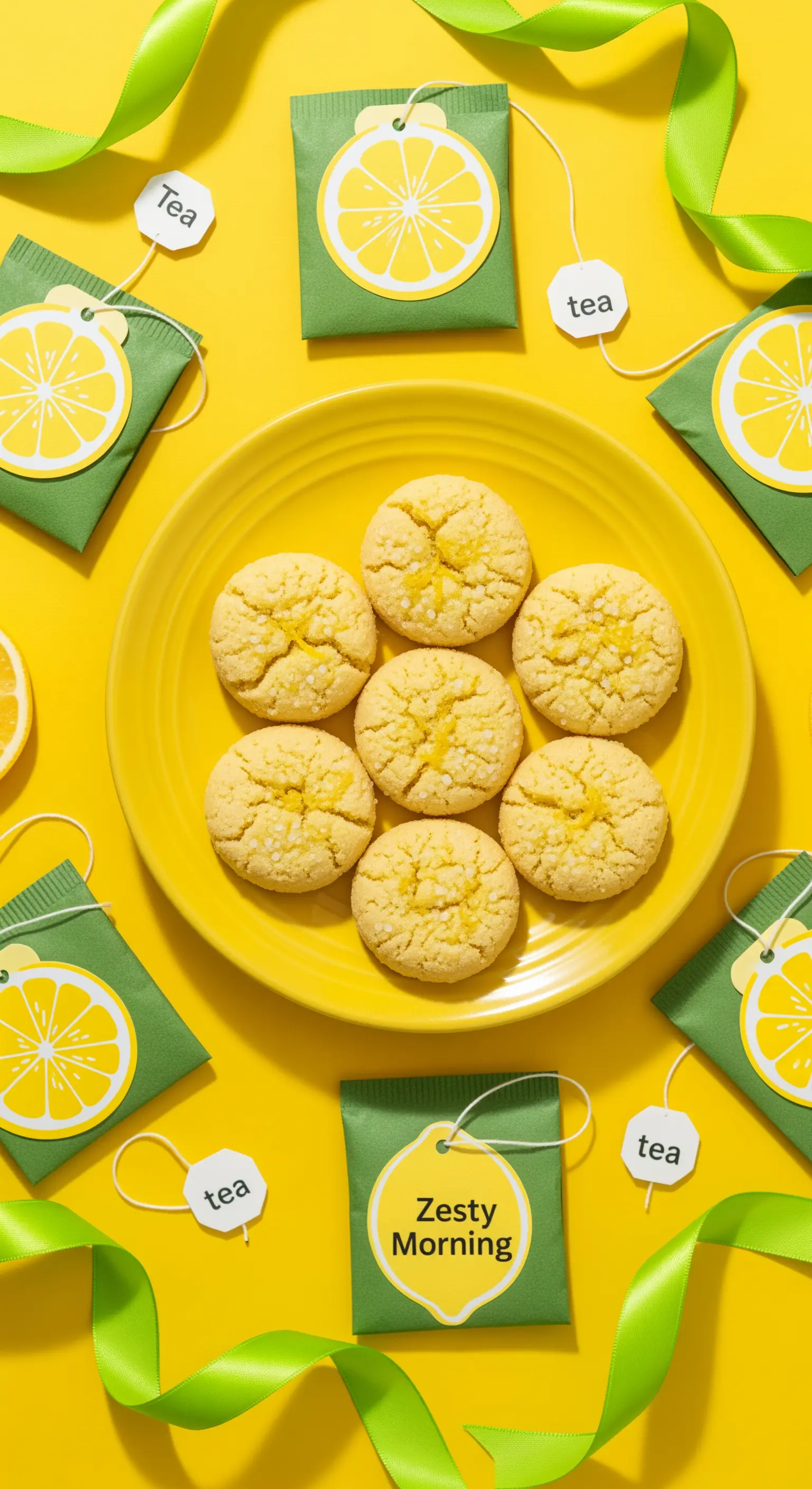 Biscotti al limone e bustine di tè a tema agrumi su un vivace sfondo giallo.