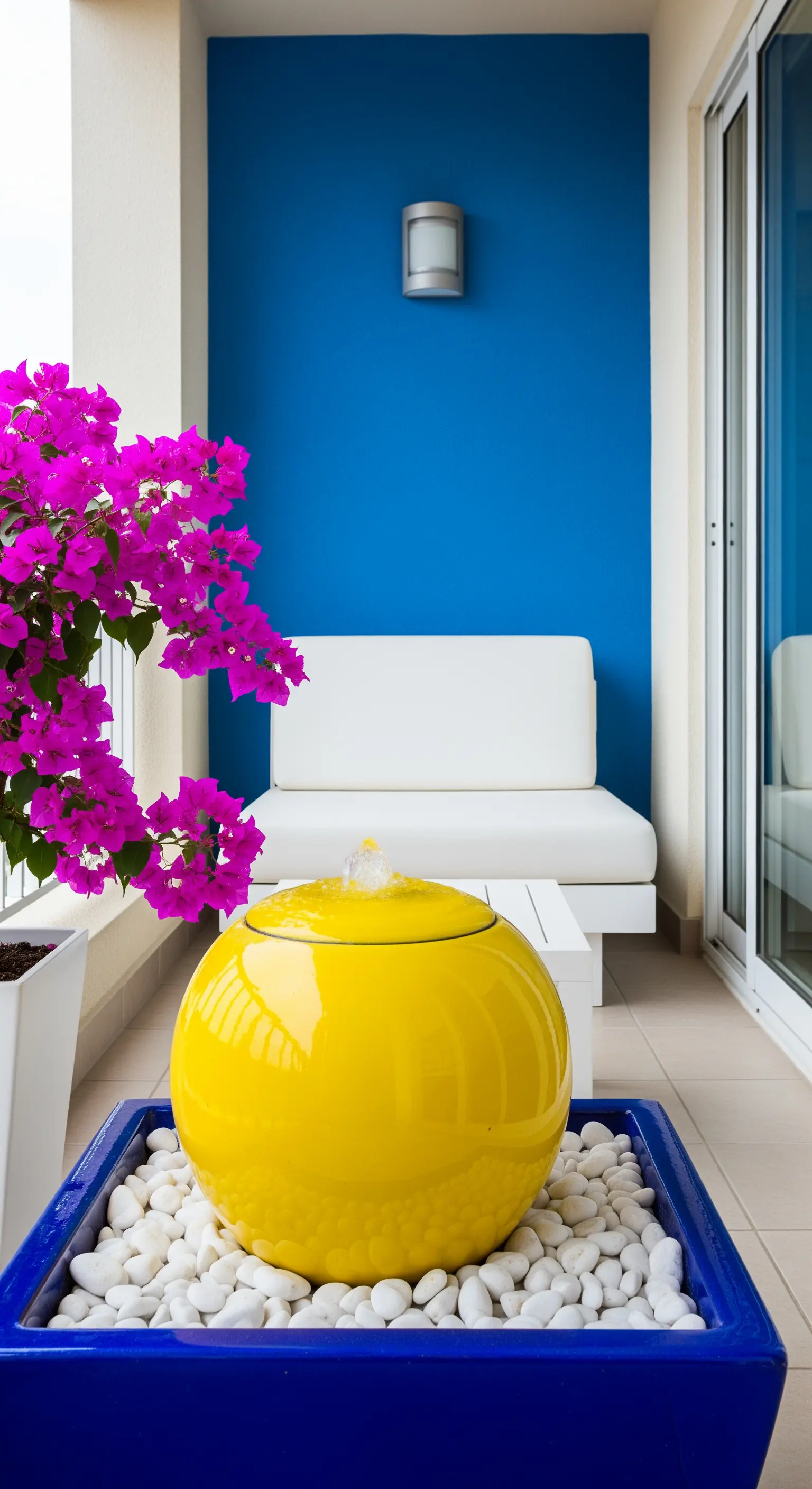 Balcone con parete blu, arredi bianchi e una vivace fontana sferica gialla.