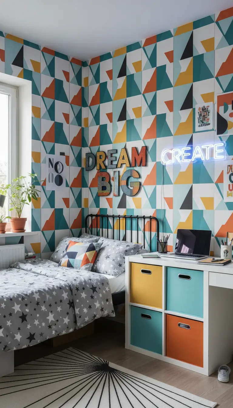 Camera da letto vivace con carta da parati geometrica e arredi colorati coordinati.