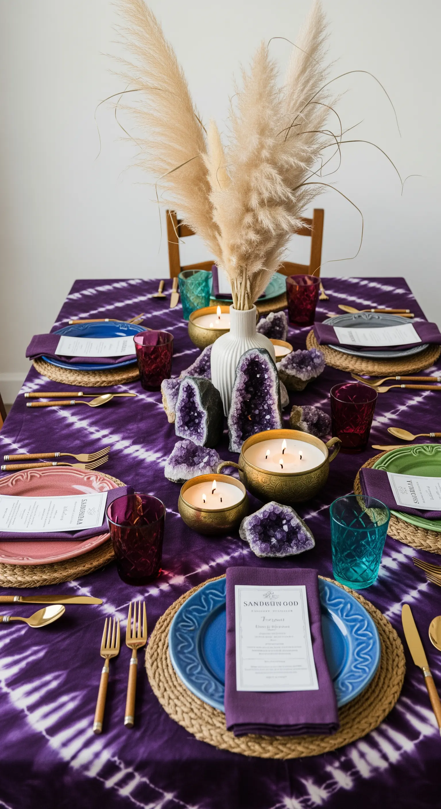Tavola boho con tovaglia viola tie-dye, cristalli di ametista e pampas.