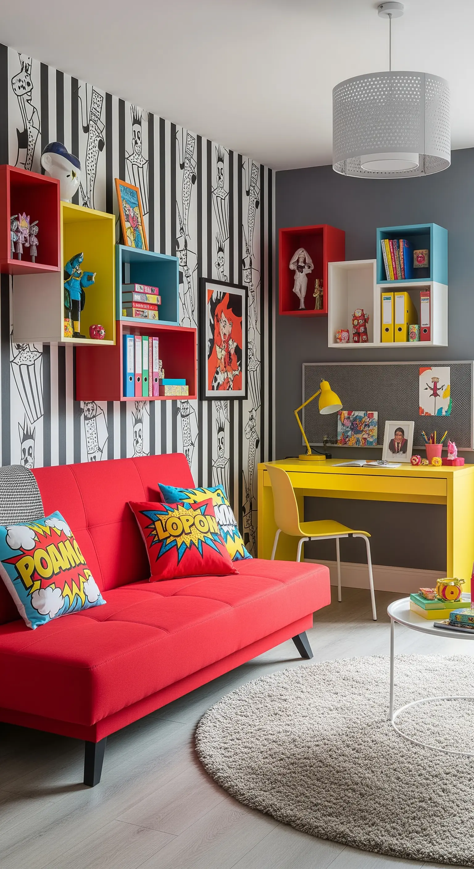 Salotto pop con divano rosso, parete a righe e mensole colorate.