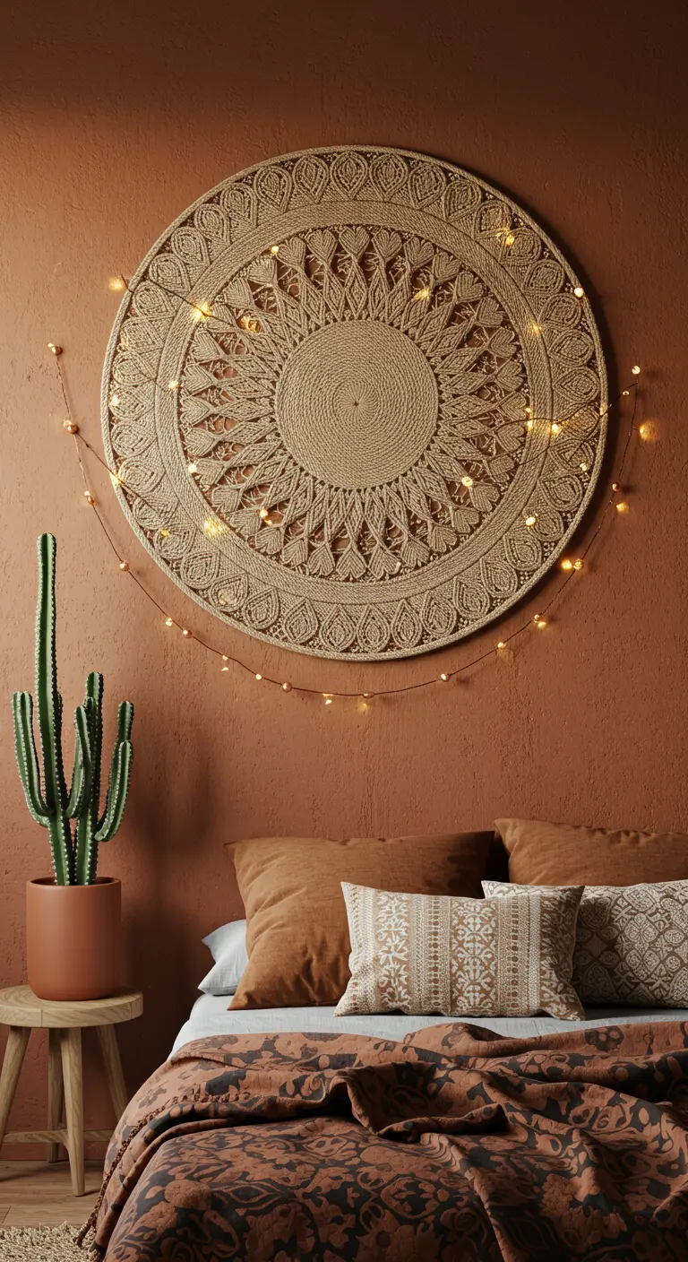 Grande mandala in juta appeso a una parete color terracotta, con luci calde drappeggiate intorno.