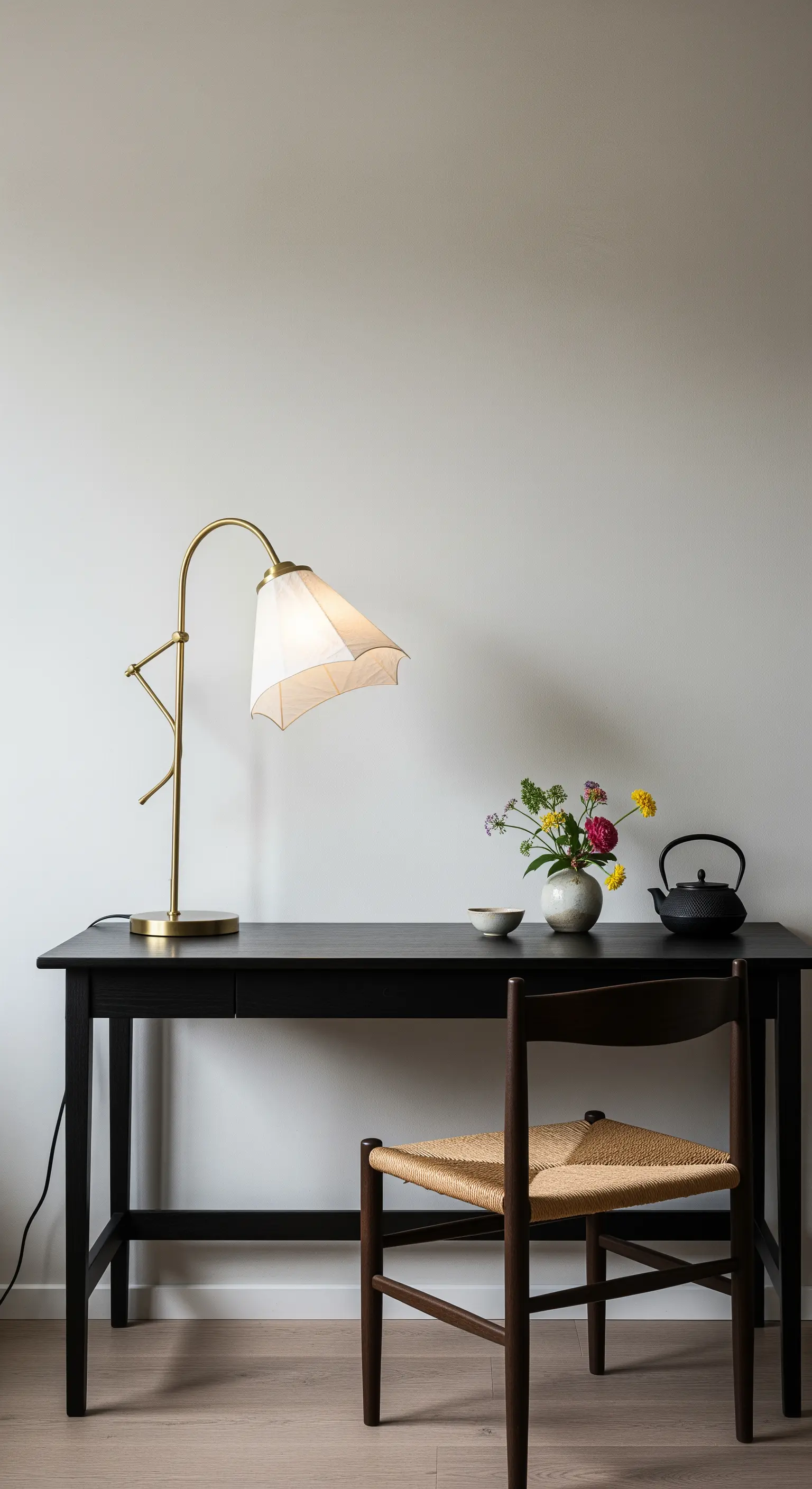 Scrivania nera minimalista con lampada in ottone e paralume in tessuto chiaro.