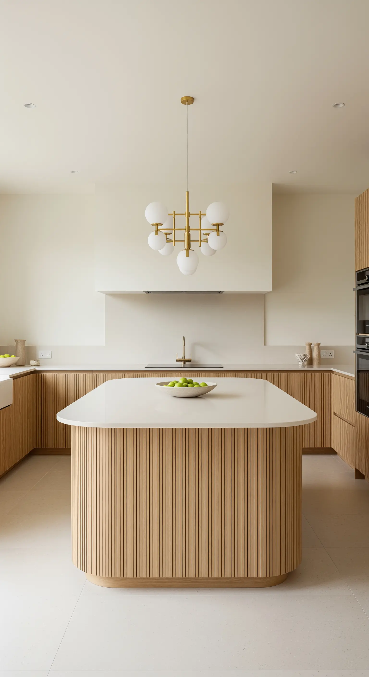 Cucina color crema con isola cannettata e un lampadario moderno in ottone e vetro.
