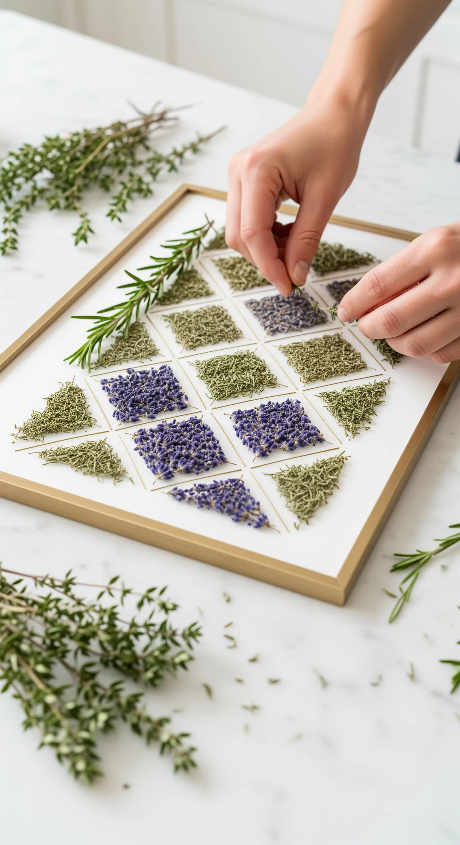 Composizione di erbe aromatiche essiccate (lavanda, rosmarino) in una cornice dorata.