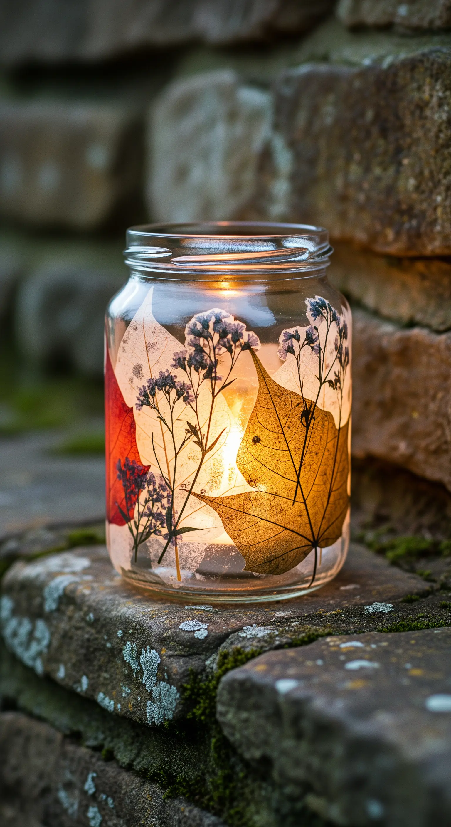 Lanterna fai-da-te con foglie e fiori pressati applicati sulla superficie del vetro.