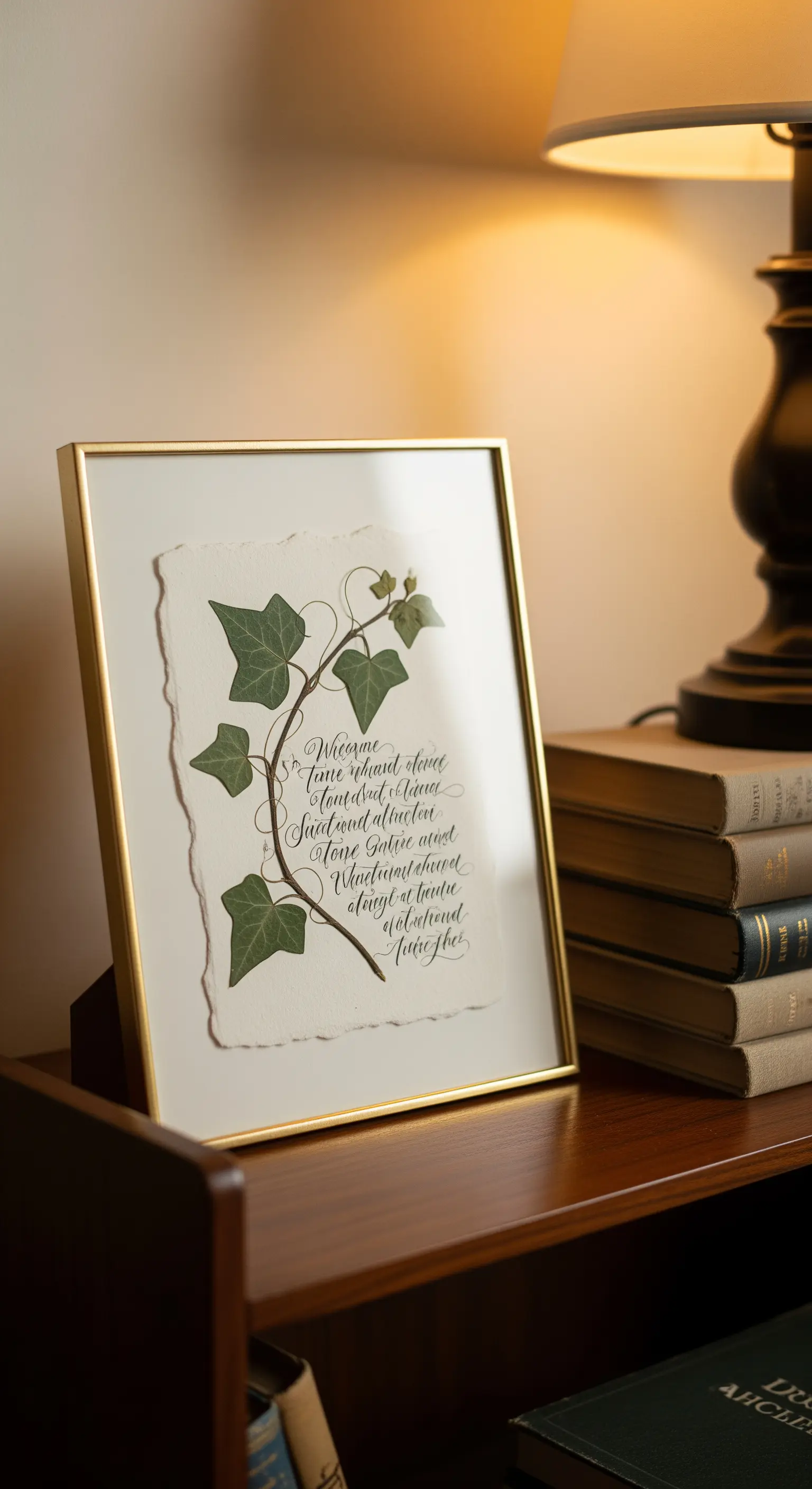 Ramo d'edera pressato su carta con testo calligrafico, in cornice dorata su una scrivania.