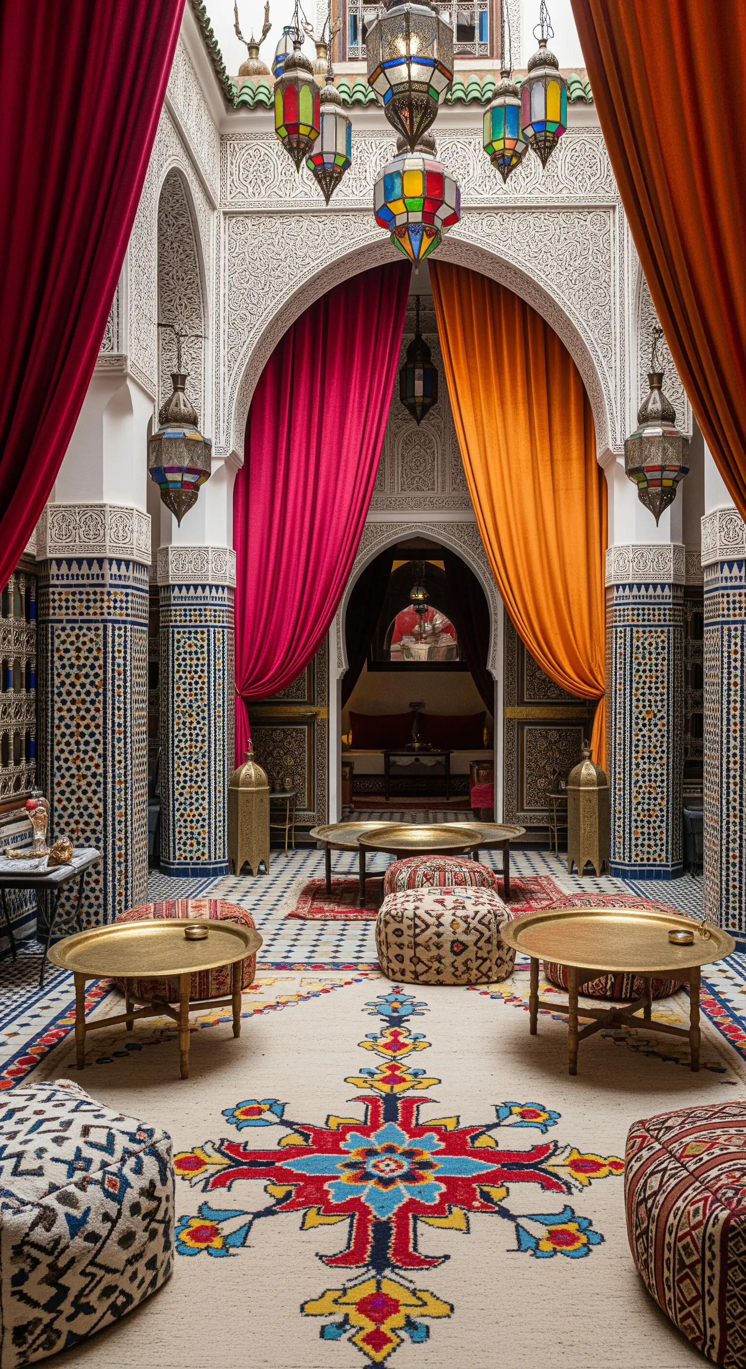 Cortile di un riad marocchino con tende colorate, pouf, tavolini in ottone e lanterne.