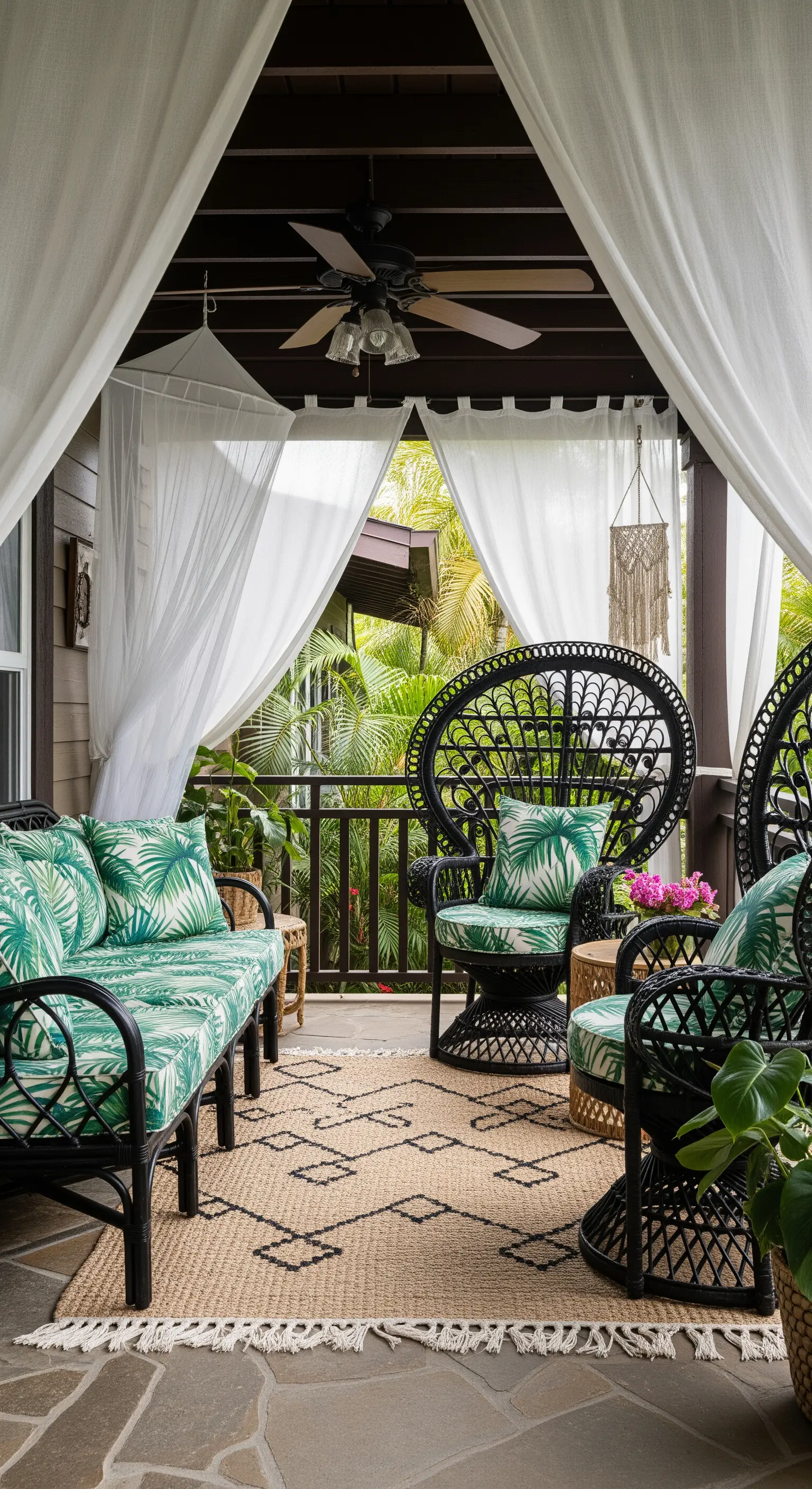 Veranda in stile tropicale con sedie Peacock nere, cuscini a foglia di palma e tende bianche.