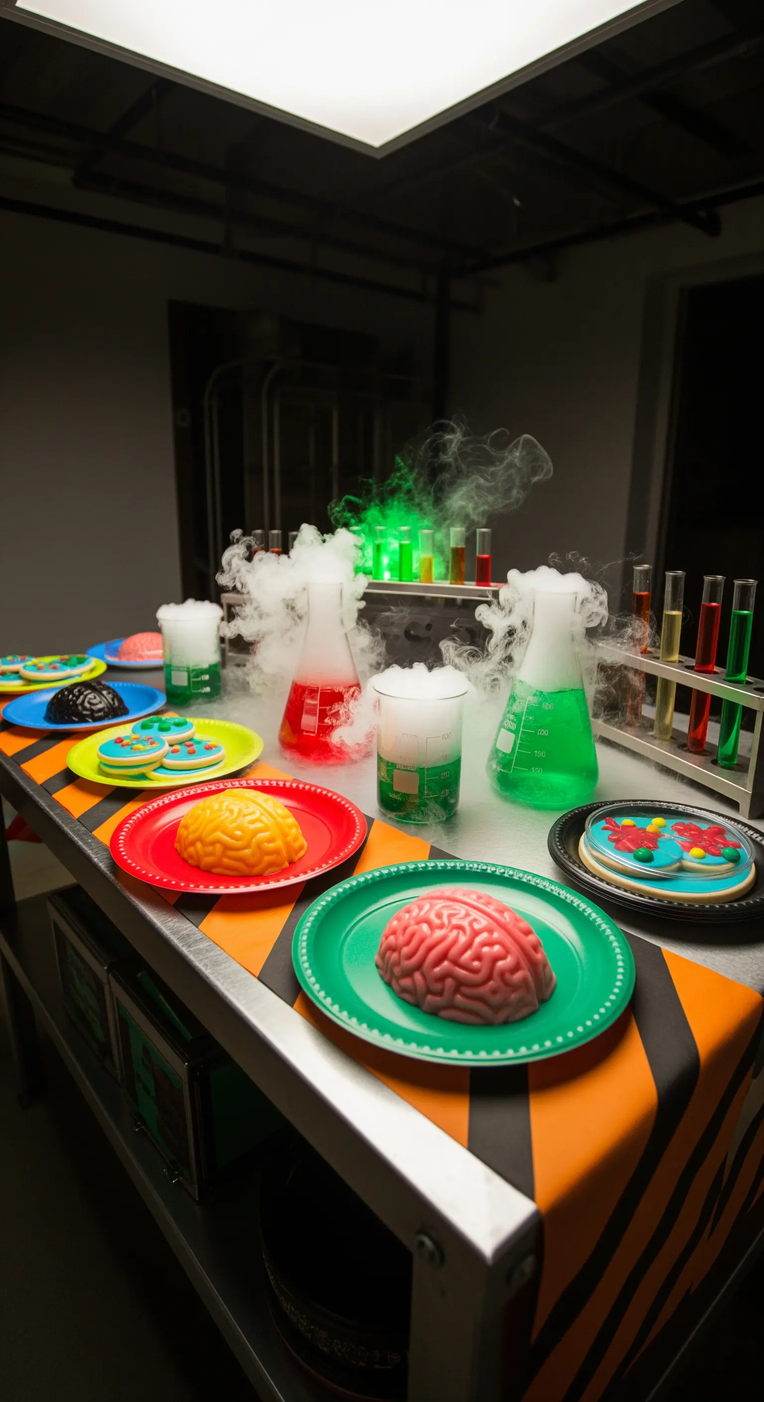 Buffet a tema laboratorio con provette fumanti e dolci a forma di cervello.