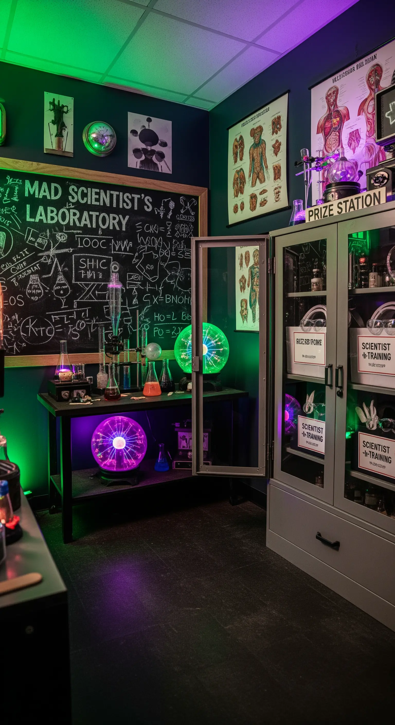 Un allestimento a tema laboratorio dello scienziato pazzo con luci verdi e viola e attrezzatura scientifica.