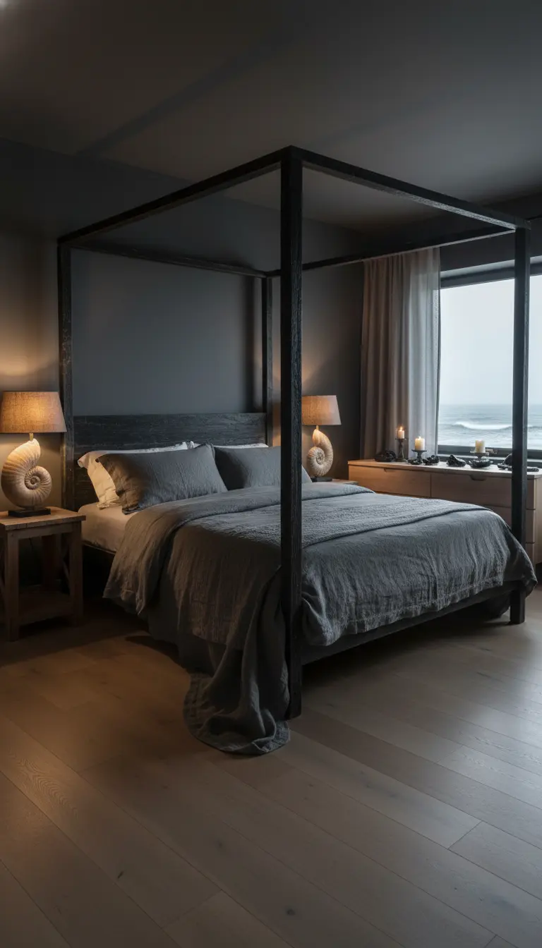 Camera da letto scura con letto a baldacchino nero e lampade con base a conchiglia.