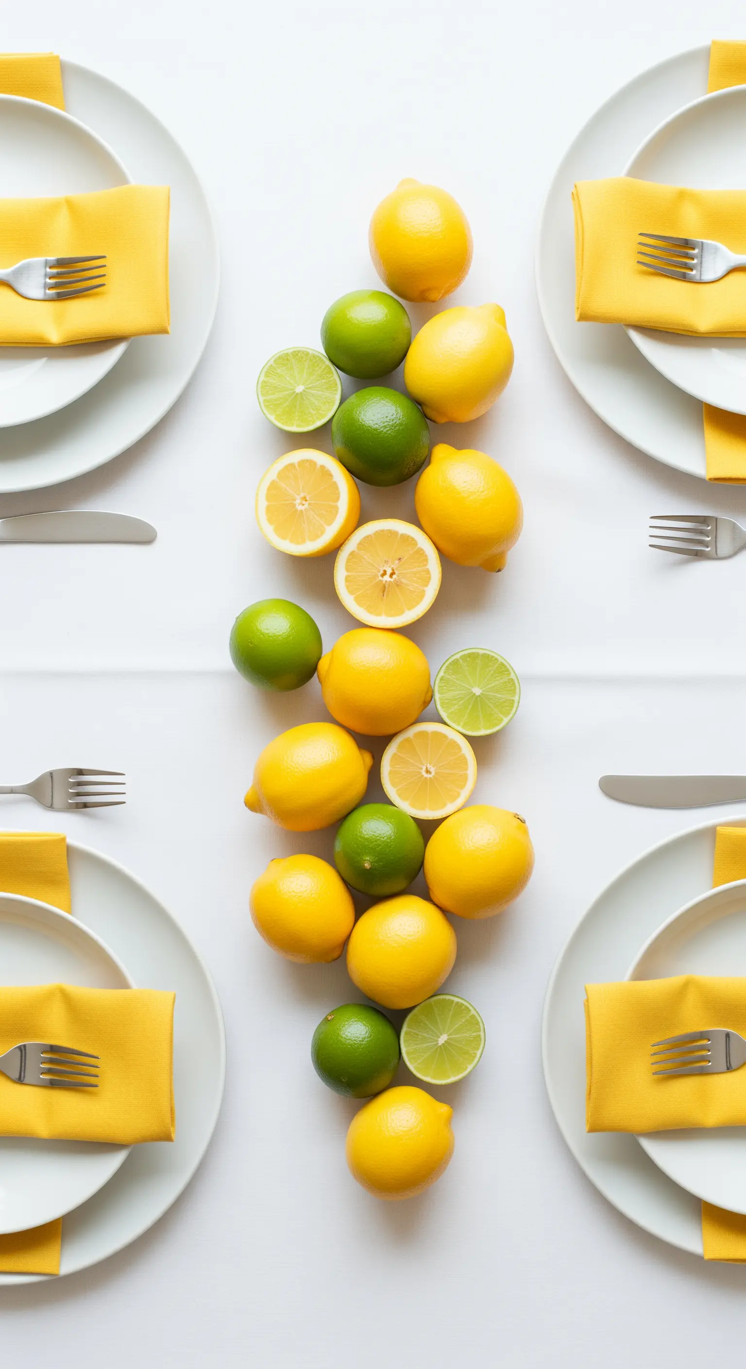 Tavola bianca con tovaglioli gialli e un runner centrale fatto di limoni e lime