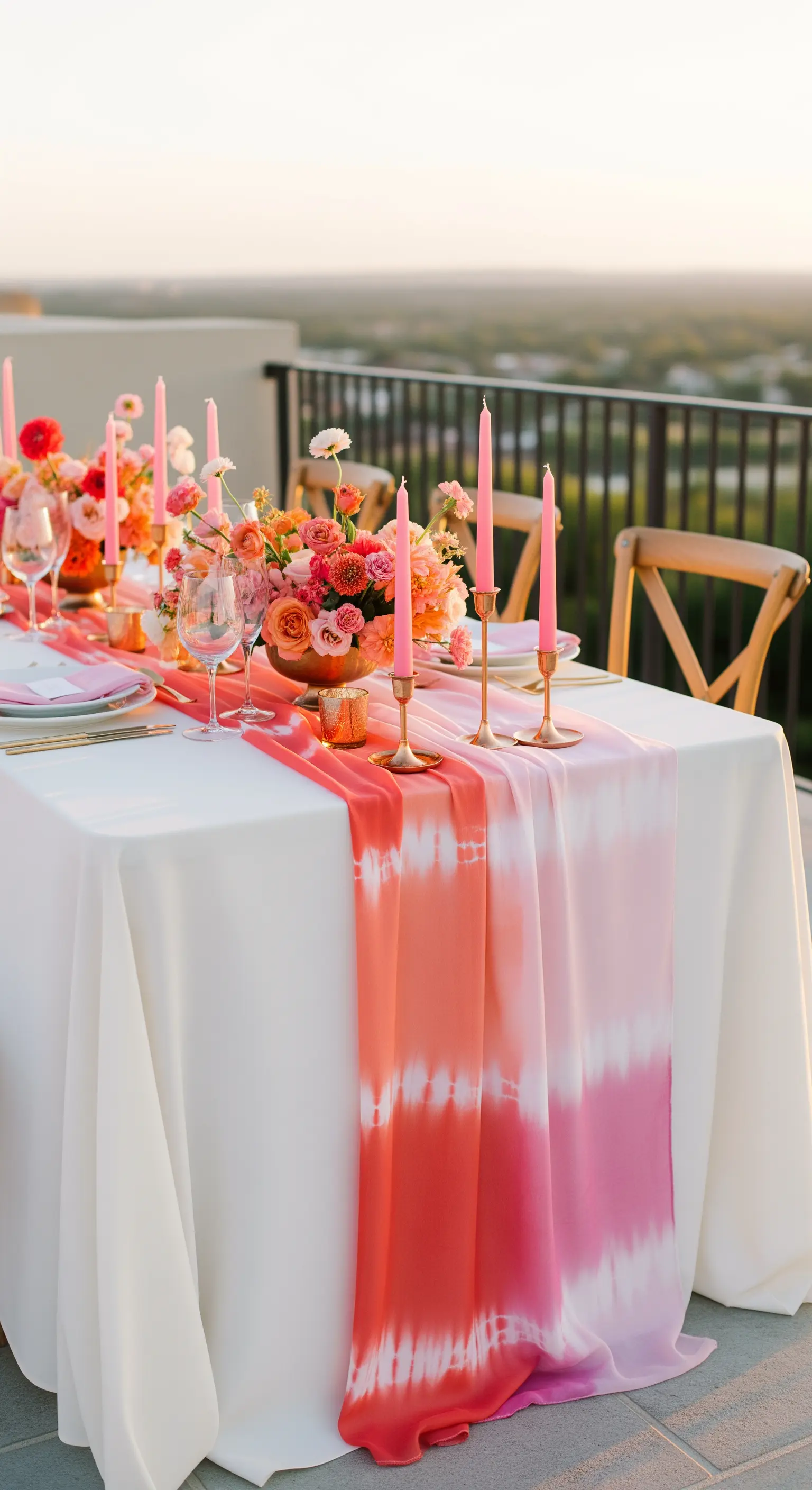Tavola nuziale con runner tie-dye rosa e corallo, candele e fiori abbinati.