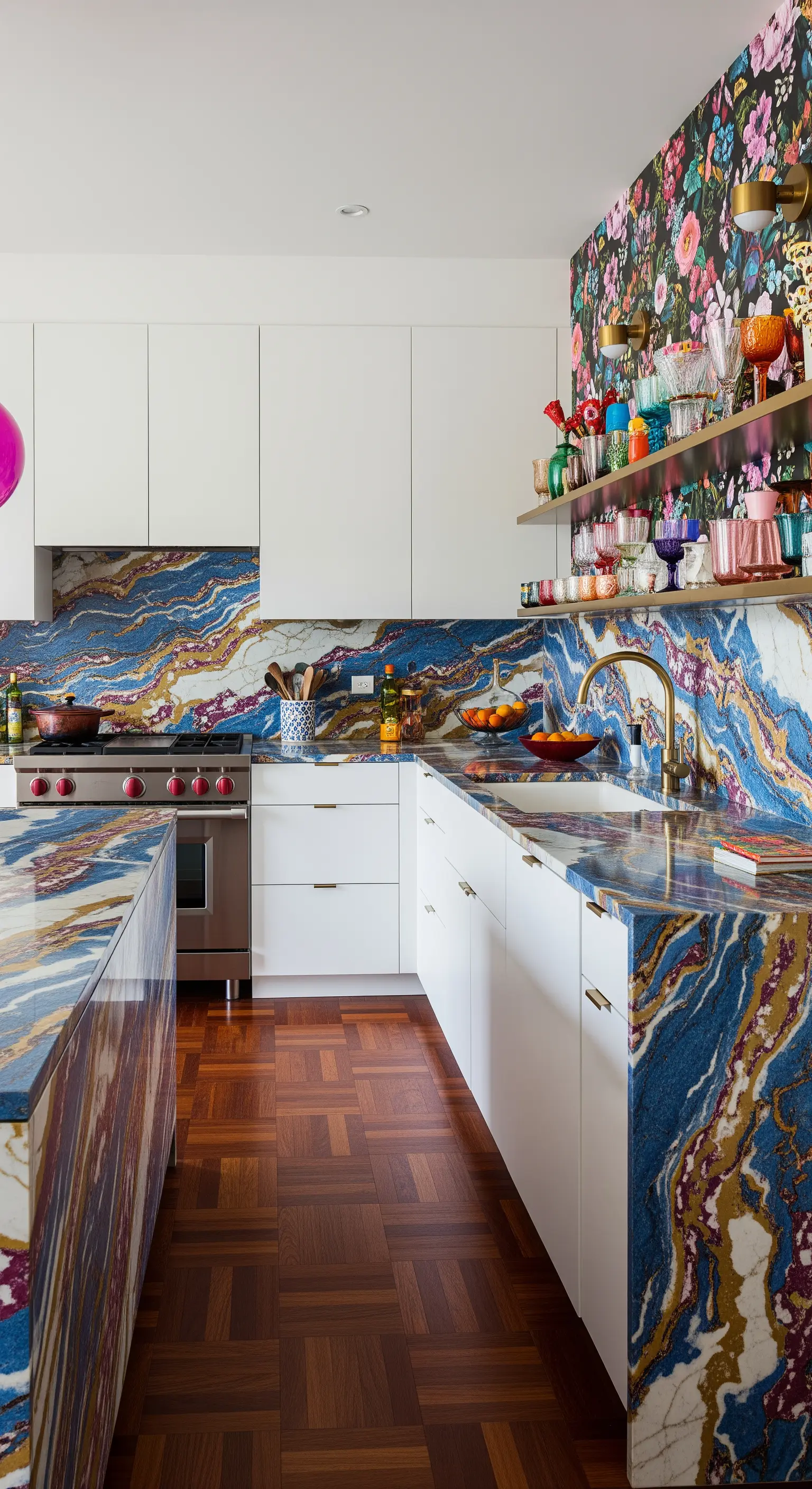 Cucina di design con mobili bianchi e un marmo blu, oro e viola molto decorativo.