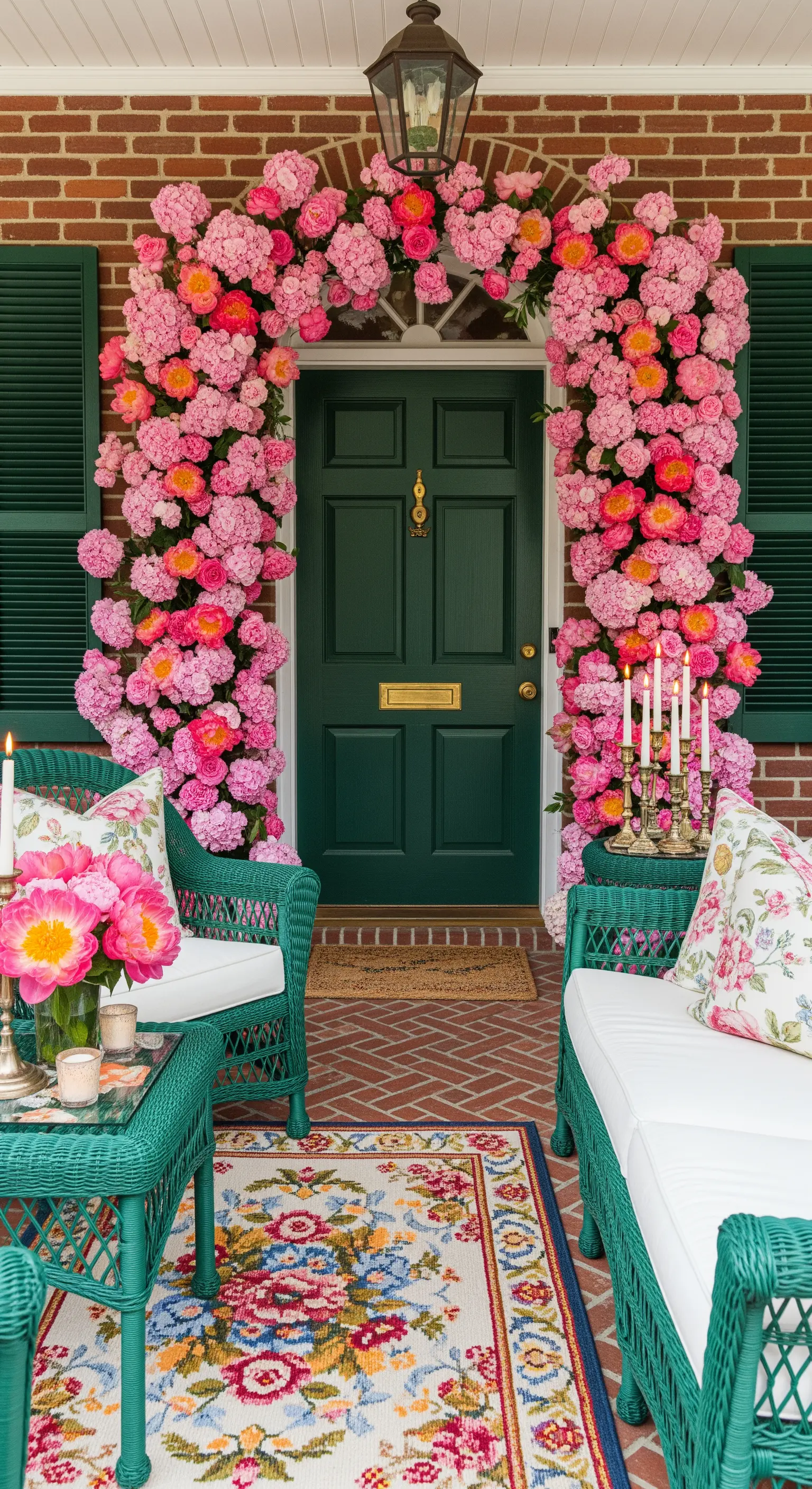 Porta d'ingresso verde incorniciata da un arco di fiori rosa, con mobili in vimini verdi